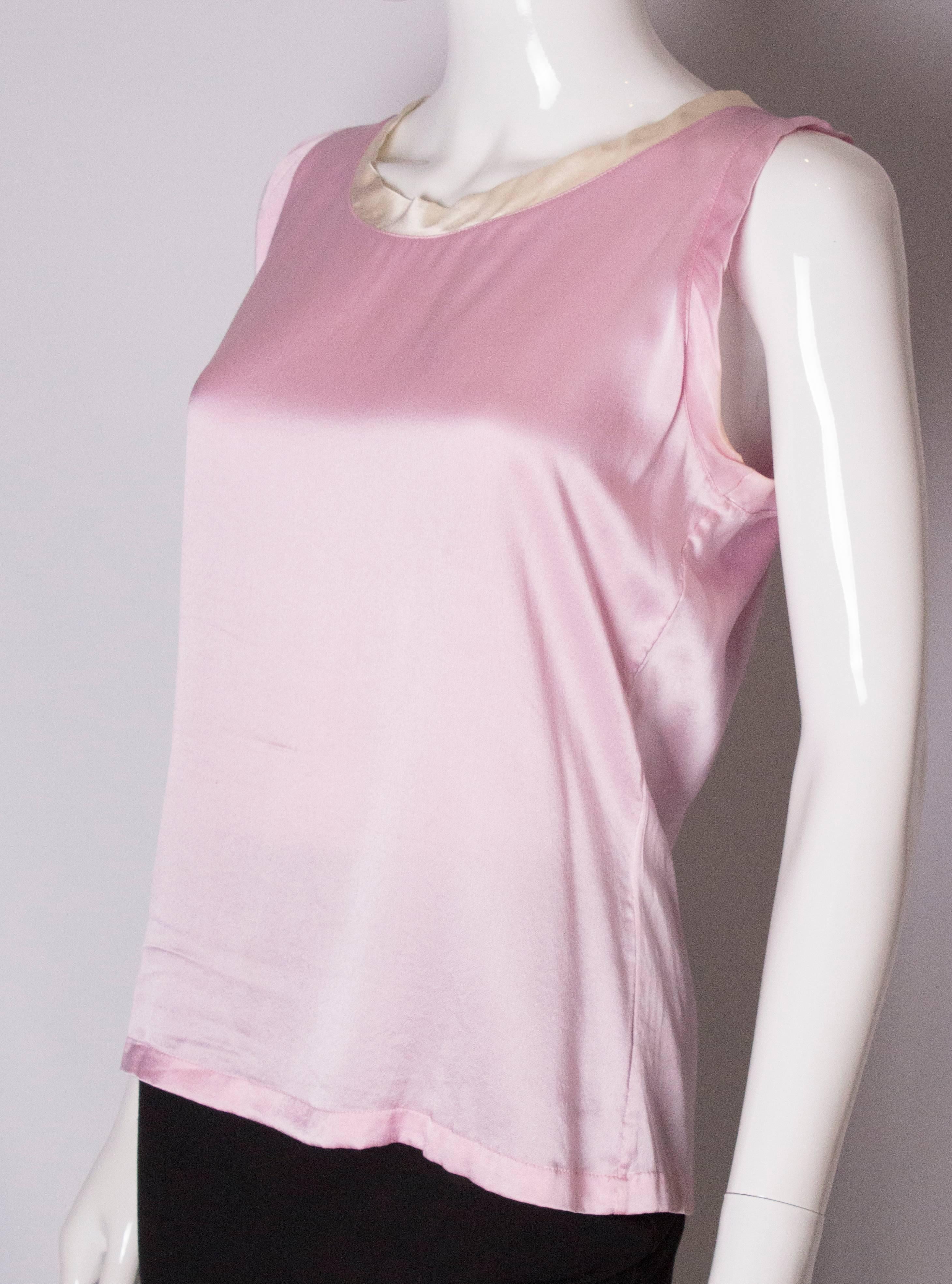Beige Vintage Yves Saint Laurent Rive Gauche Pink and White Silk Top