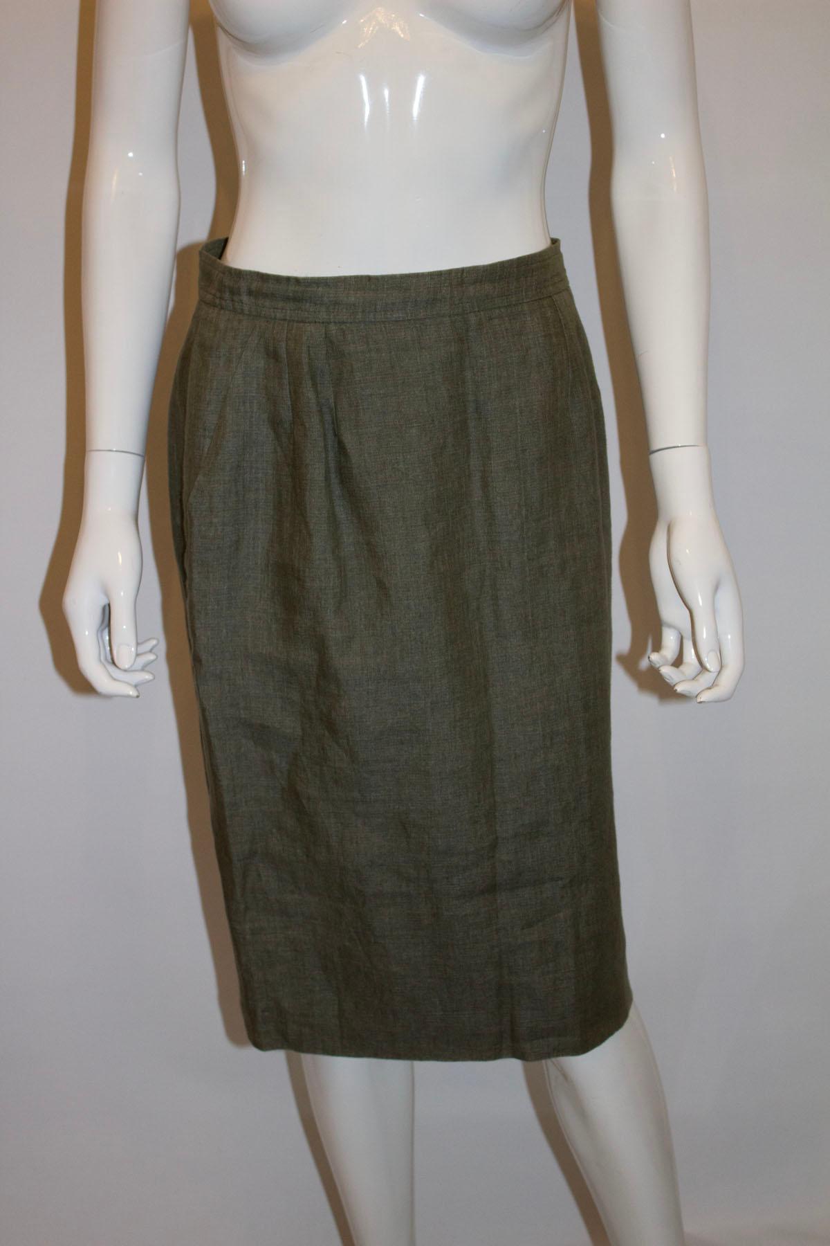 Black Vintage Yves Saint Laurent Rive Gauche Sage Green Linen Skirt For Sale