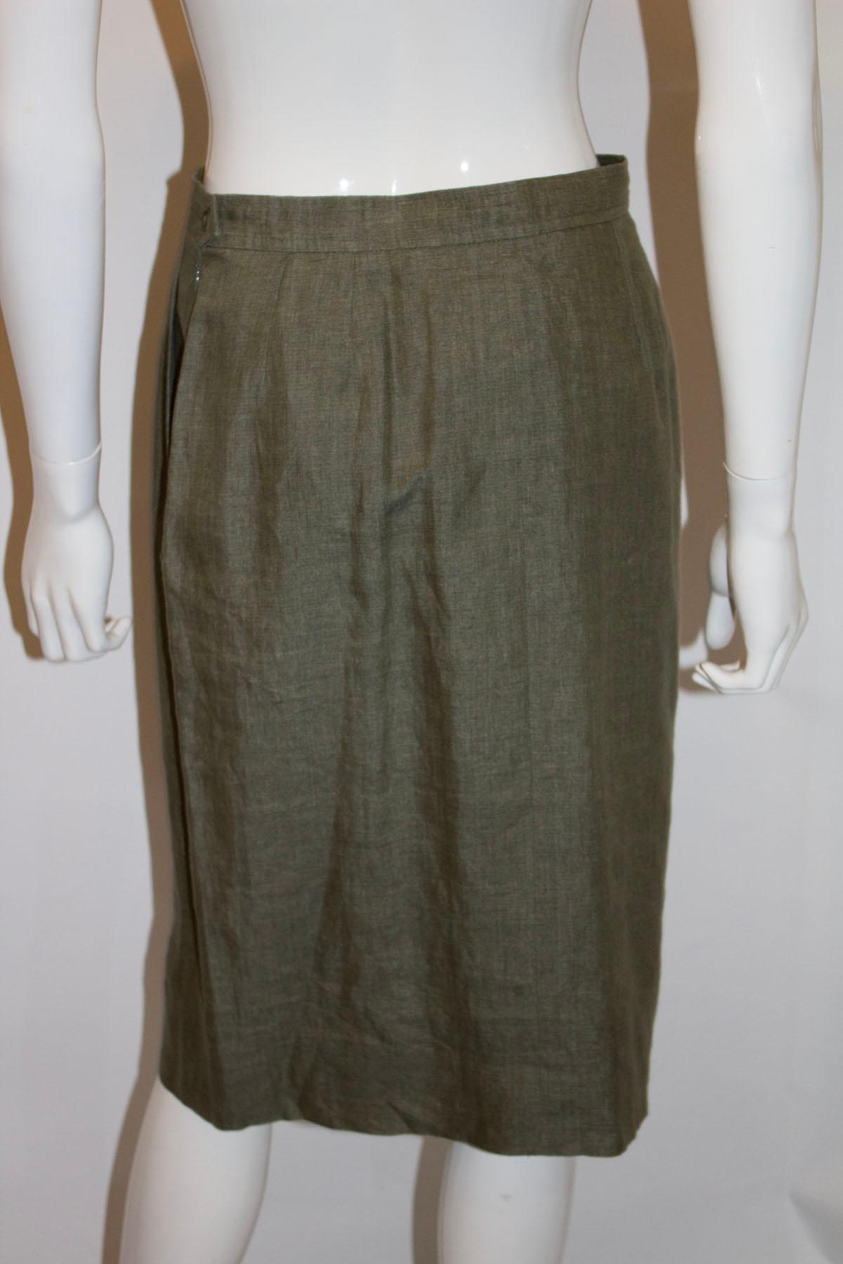 Vintage Yves Saint Laurent Rive Gauche Sage Green Linen Skirt In Good Condition For Sale In London, GB