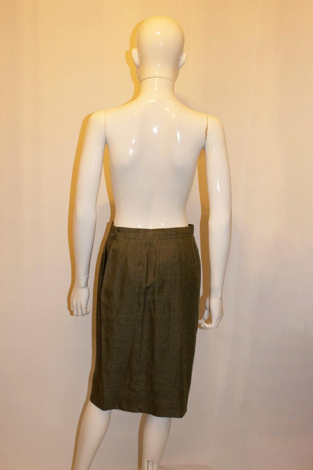 Vintage Yves Saint Laurent Rive Gauche Sage Green Linen Skirt For Sale 1