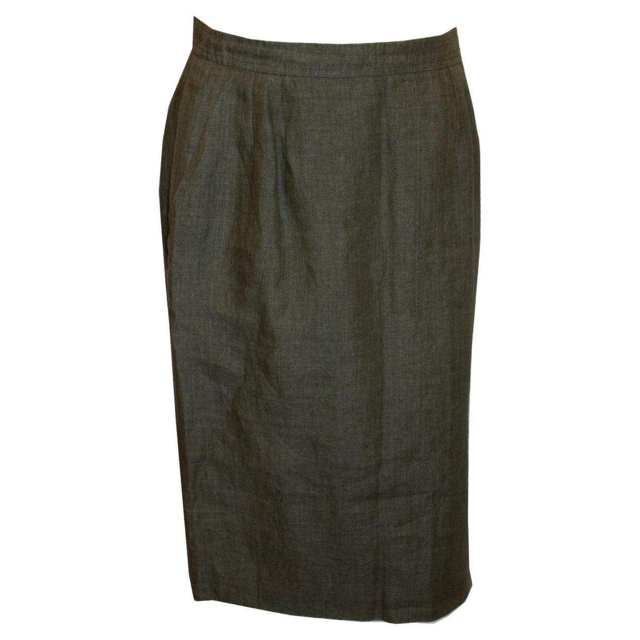 Vintage Yves Saint Laurent Rive Gauche Sage Green Linen Skirt For Sale