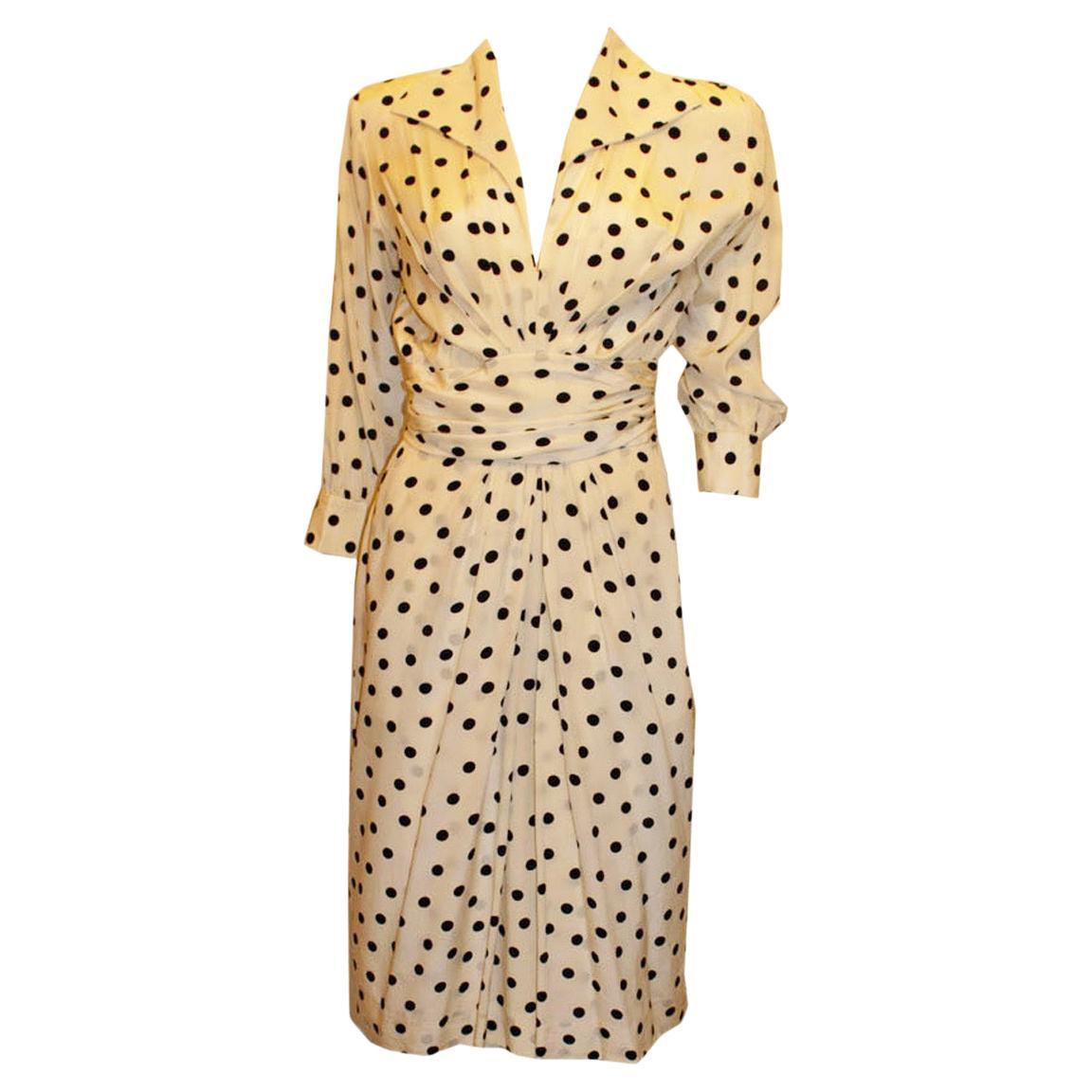 Vintage Yves Saint Laurent Rive Gauche Silk Dress with Black Polkadot