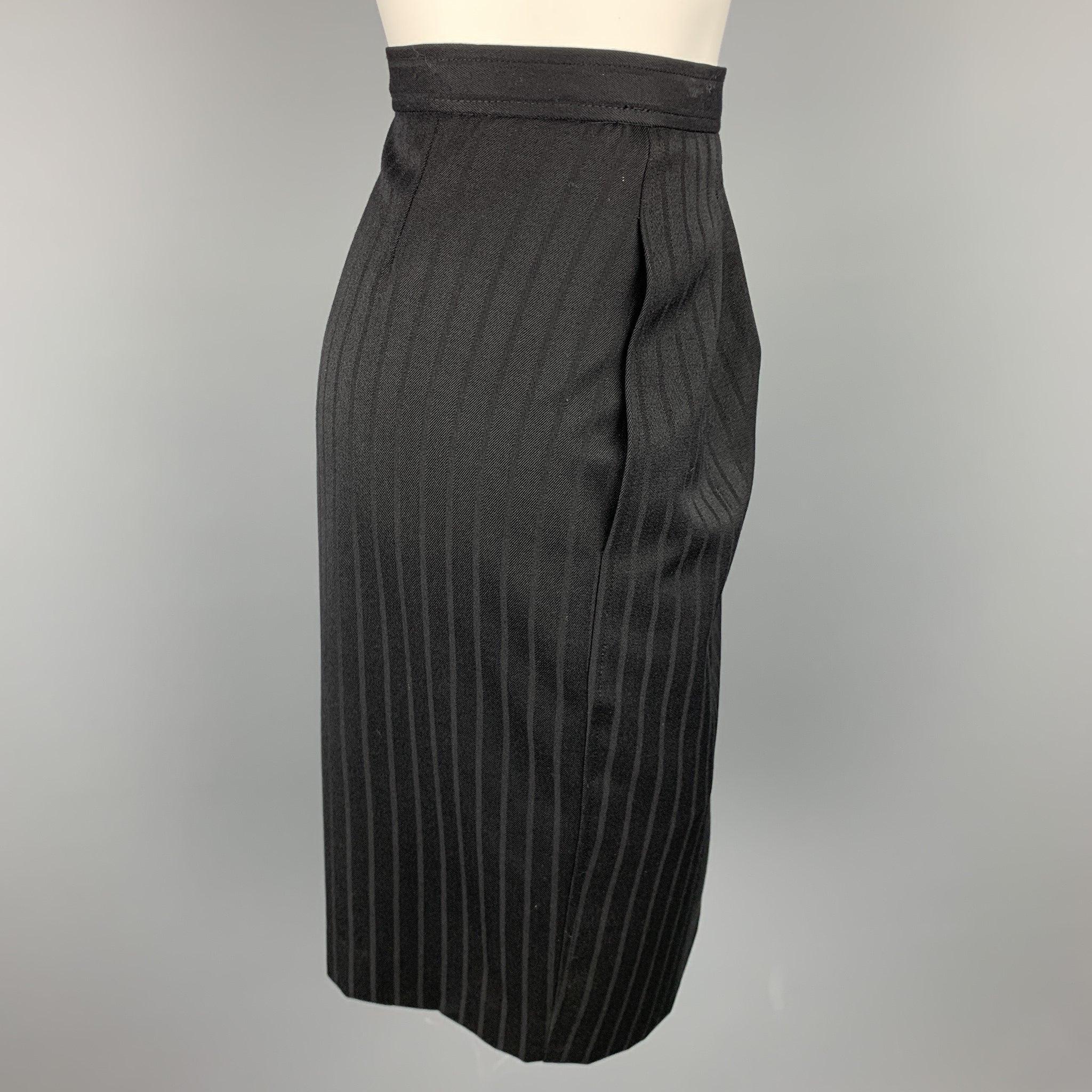 Vintage YVES SAINT LAURENT Rive Gauche Size 10 Black Stripe Twill Pleated Pencil In Good Condition For Sale In San Francisco, CA