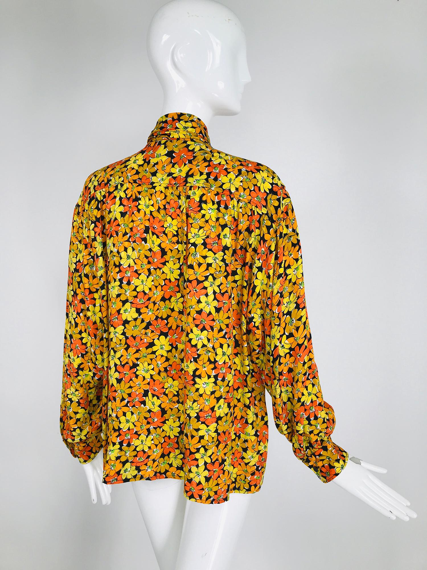 Orange Vintage Yves Saint Laurent Rive Gauche Vibrant Floral Silk Print Bow Tie Blouse 