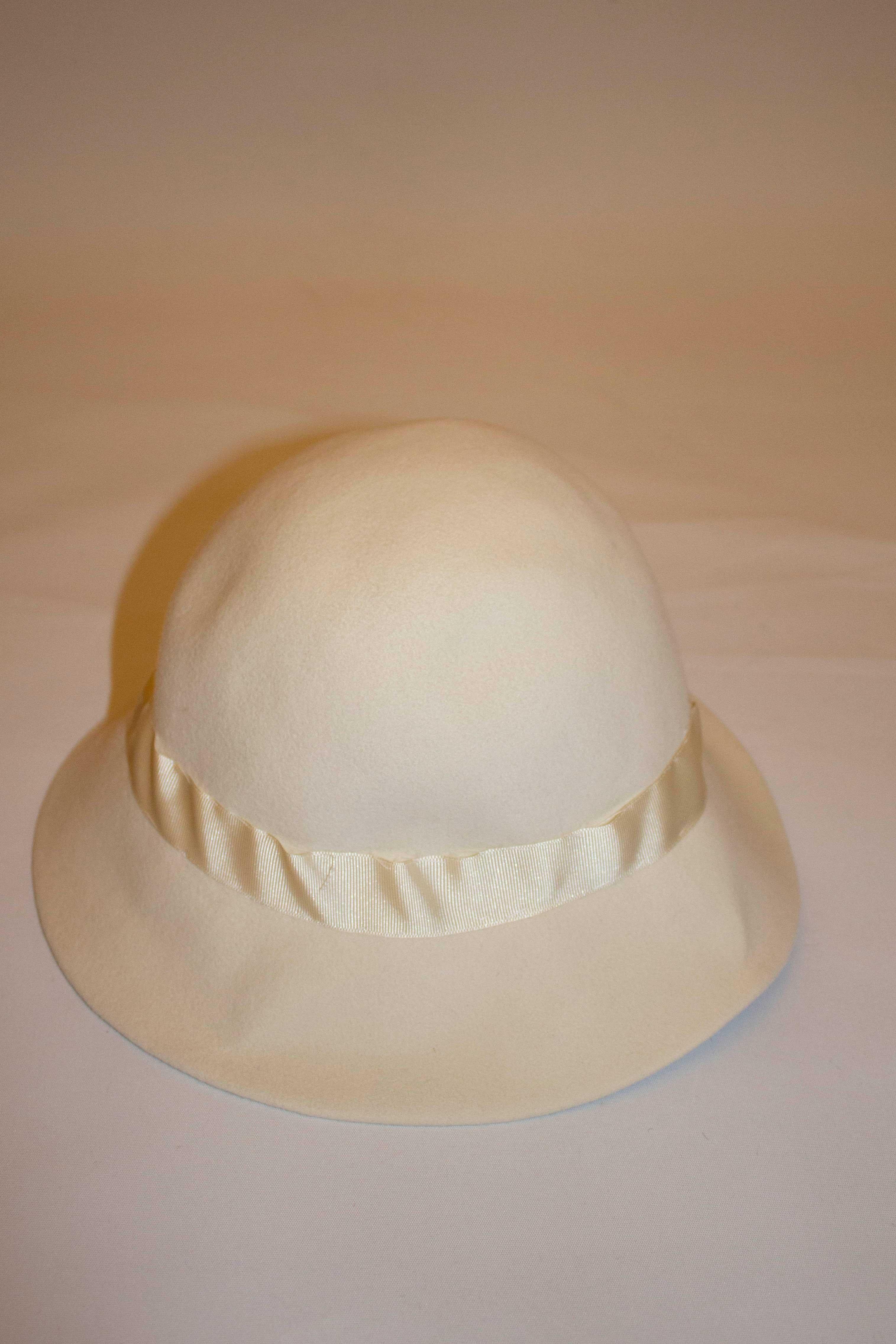 Brown Vintage Yves Saint Laurent Rive Gauche  White Hat with Grossgrain Ribbon For Sale