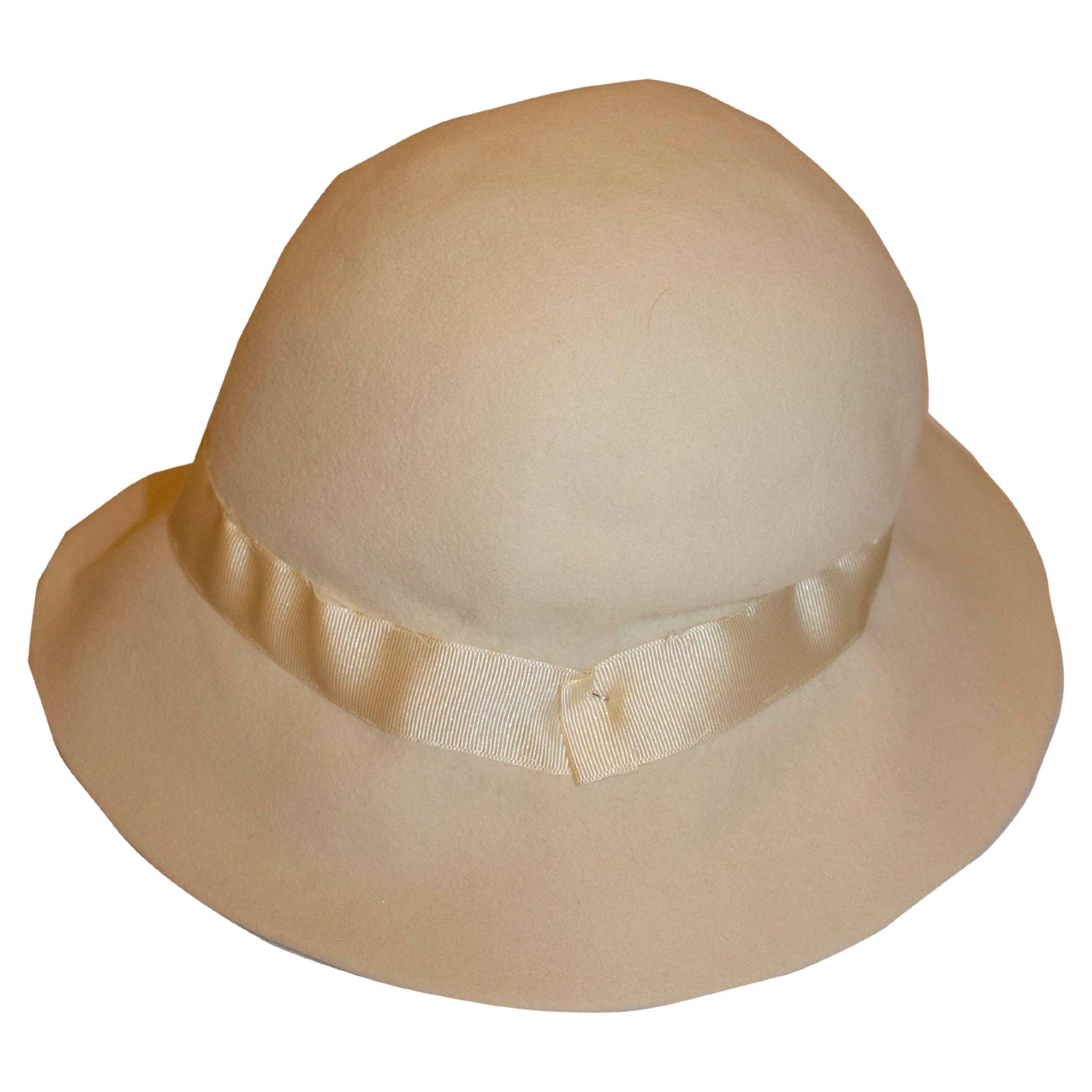 Vintage Yves Saint Laurent Rive Gauche  White Hat with Grossgrain Ribbon For Sale