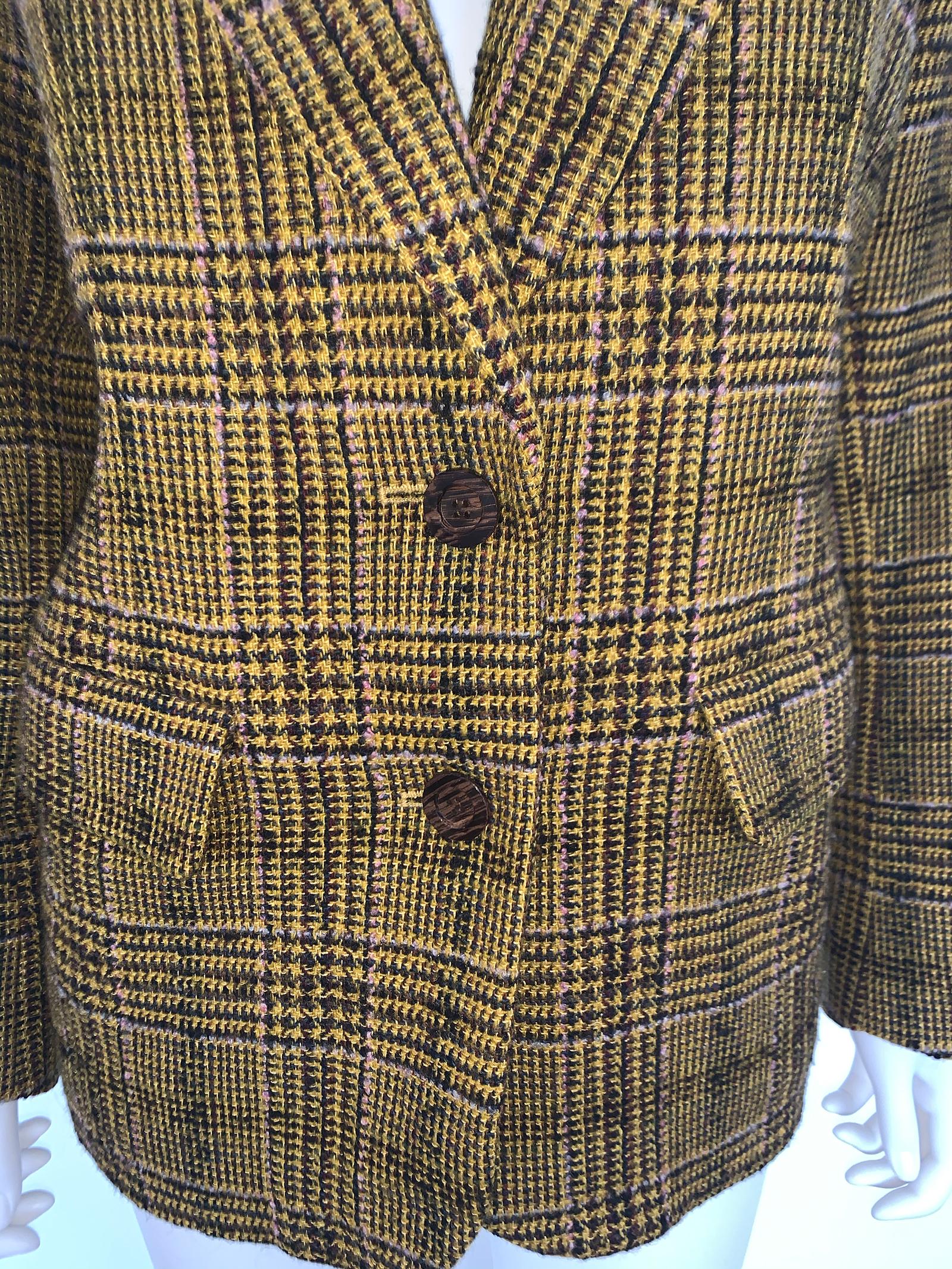 Vintage Yves Saint Laurent rive gauche Jacket 
- Wool 
- Two buttons 
- Check print dark Yellow black and touch of purple 
-  Two pocket 
- Very good condition 
- Size M 