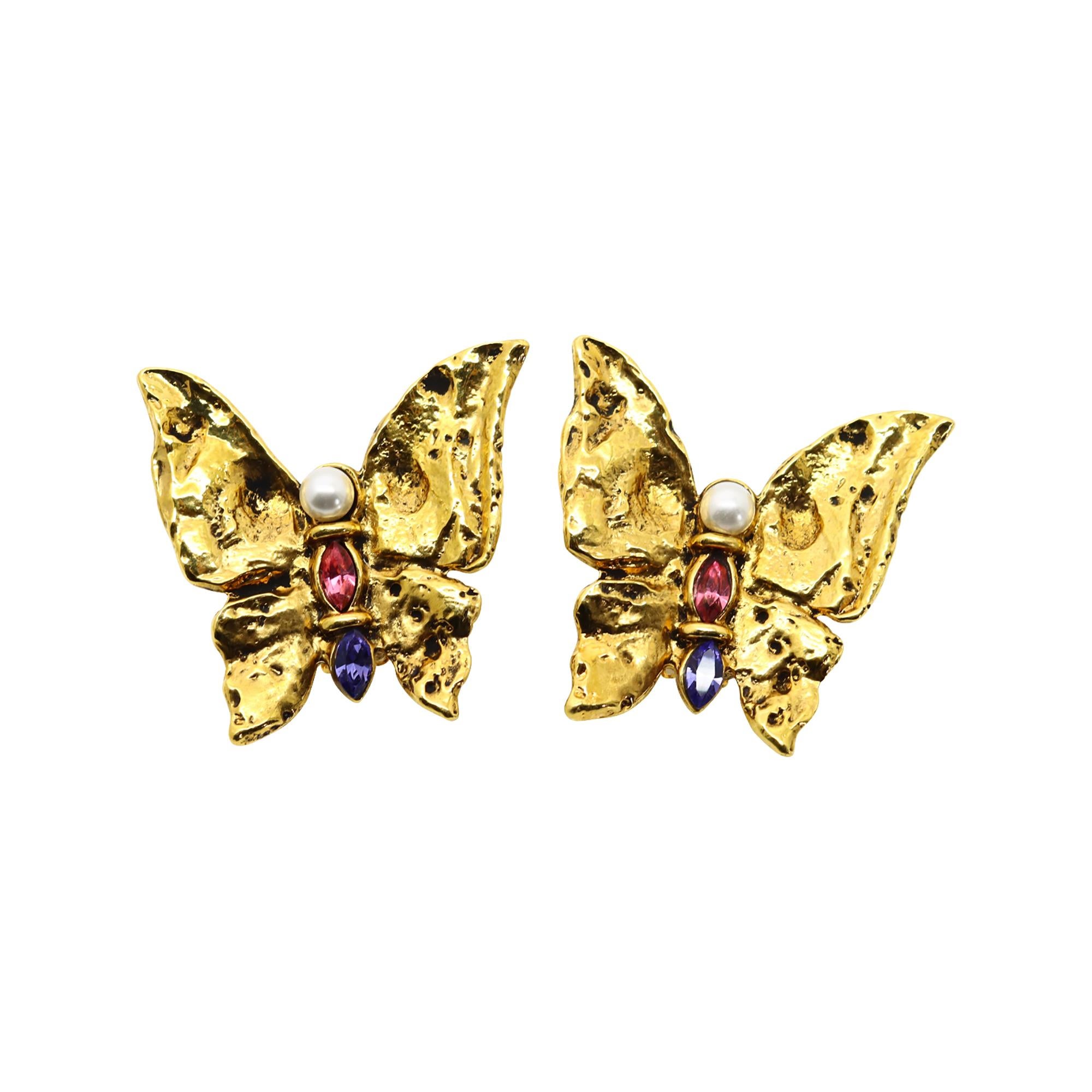 Vintage Yves Saint Laurent  Rive Gauche YSL Earrings. Butterfly Earrings with Pink and Blue Crystal and Faux Pearl on Hammered and Swirled Metal.  Clip On  

Just look at the photos and the video. French and Gorgeous. Look at the Details.