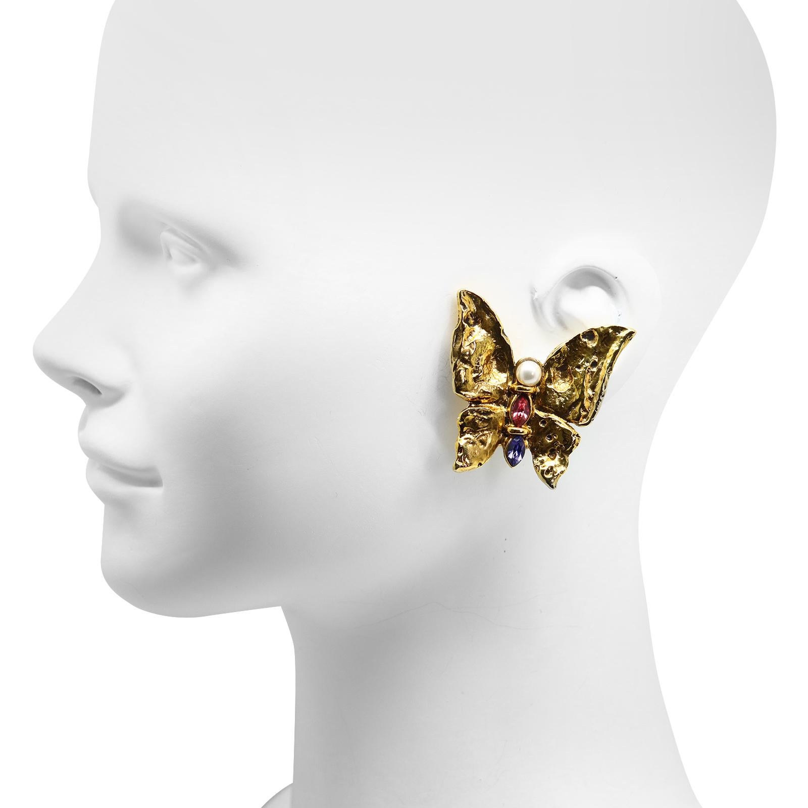 Vintage Yves Saint Laurent  Rive Gauche YSL Earrings. Butterfly Earrings with Pink and Blue Crystal and Faux Pearl on Hammered and Swirled Metal.  Clip On  

Just look at the photos and the video. Absolutely French and Absolutely Gorgeous. Look at