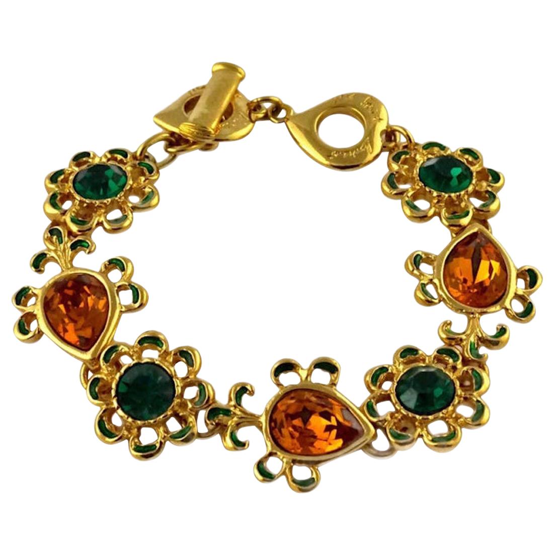 Vintage YVES SAINT LAURENT Robert Goossens Flower Rhinestone Enamel Bracelet For Sale