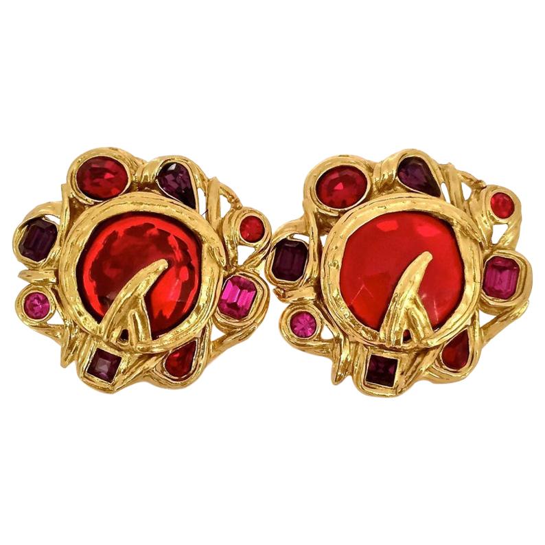 Vintage YVES SAINT LAURENT Robert Goossens Ruby Rhinestone Flower Earrings