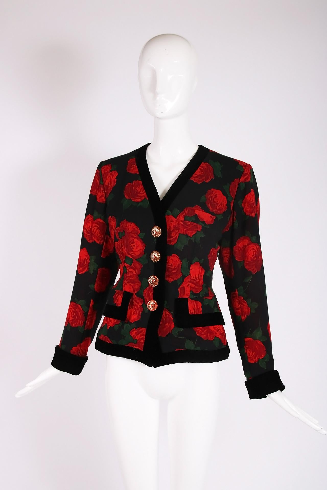 Women's Vintage Yves Saint Laurent Rose Print Jacket w/Velvet Trim
