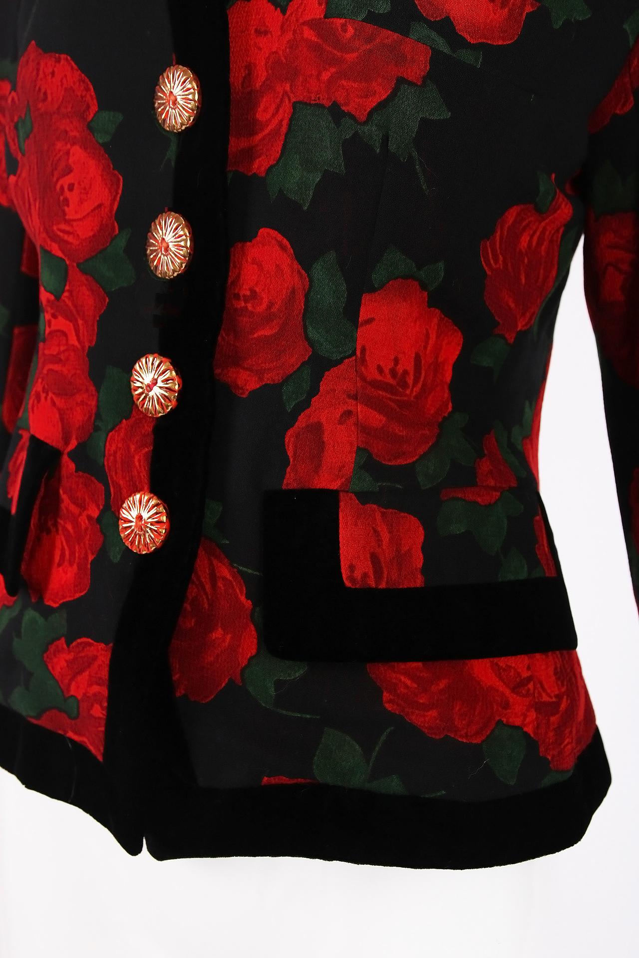 Vintage Yves Saint Laurent Rose Print Jacket w/Velvet Trim 1
