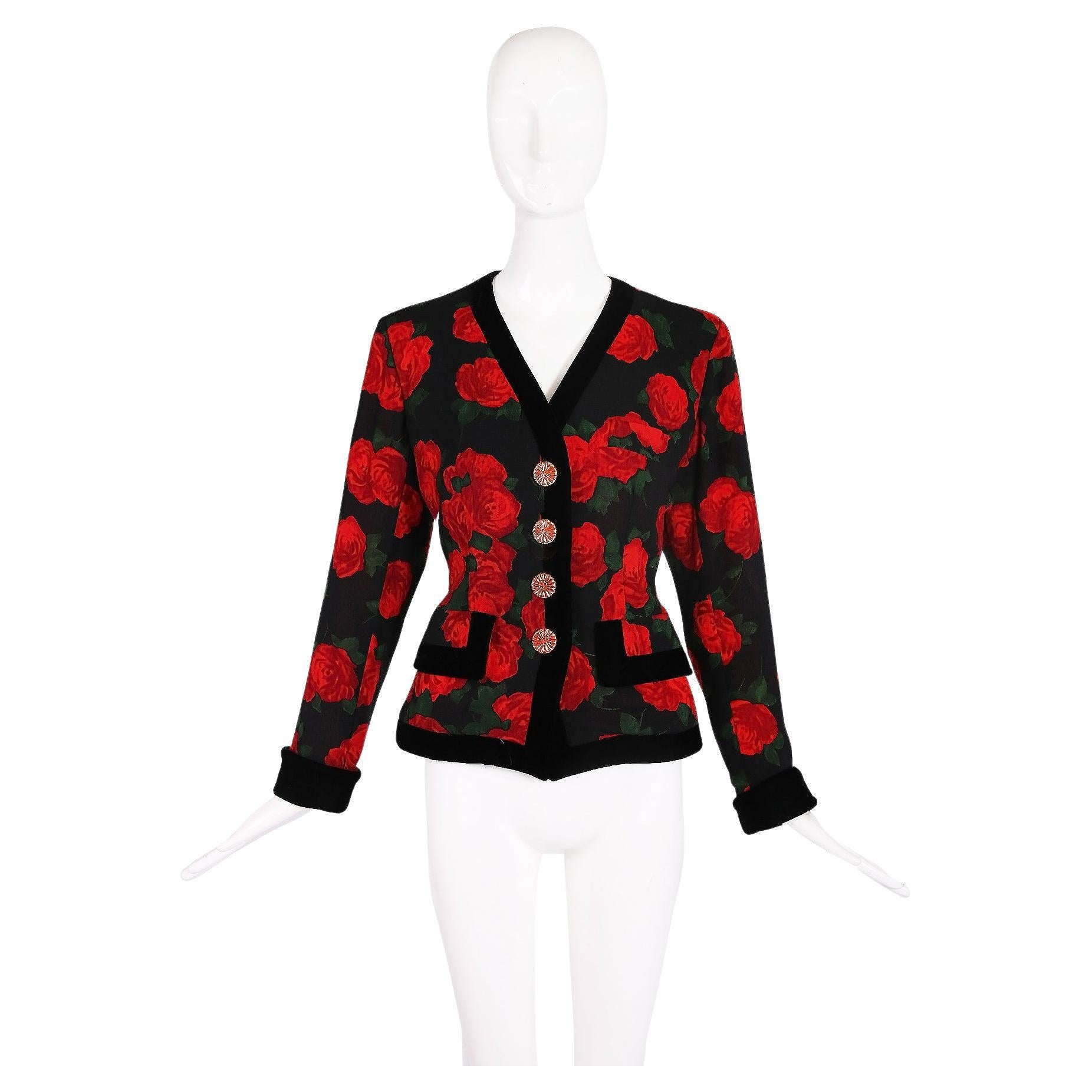 1990's Yves Saint Laurent oversized rose print jacket with two frontal flap pockets, a cinched waist, oversized textured gold and orange buttons and black velvet trim. Fabric tag 100% wool, 100% acetate at interior lining. In excellent condition -
