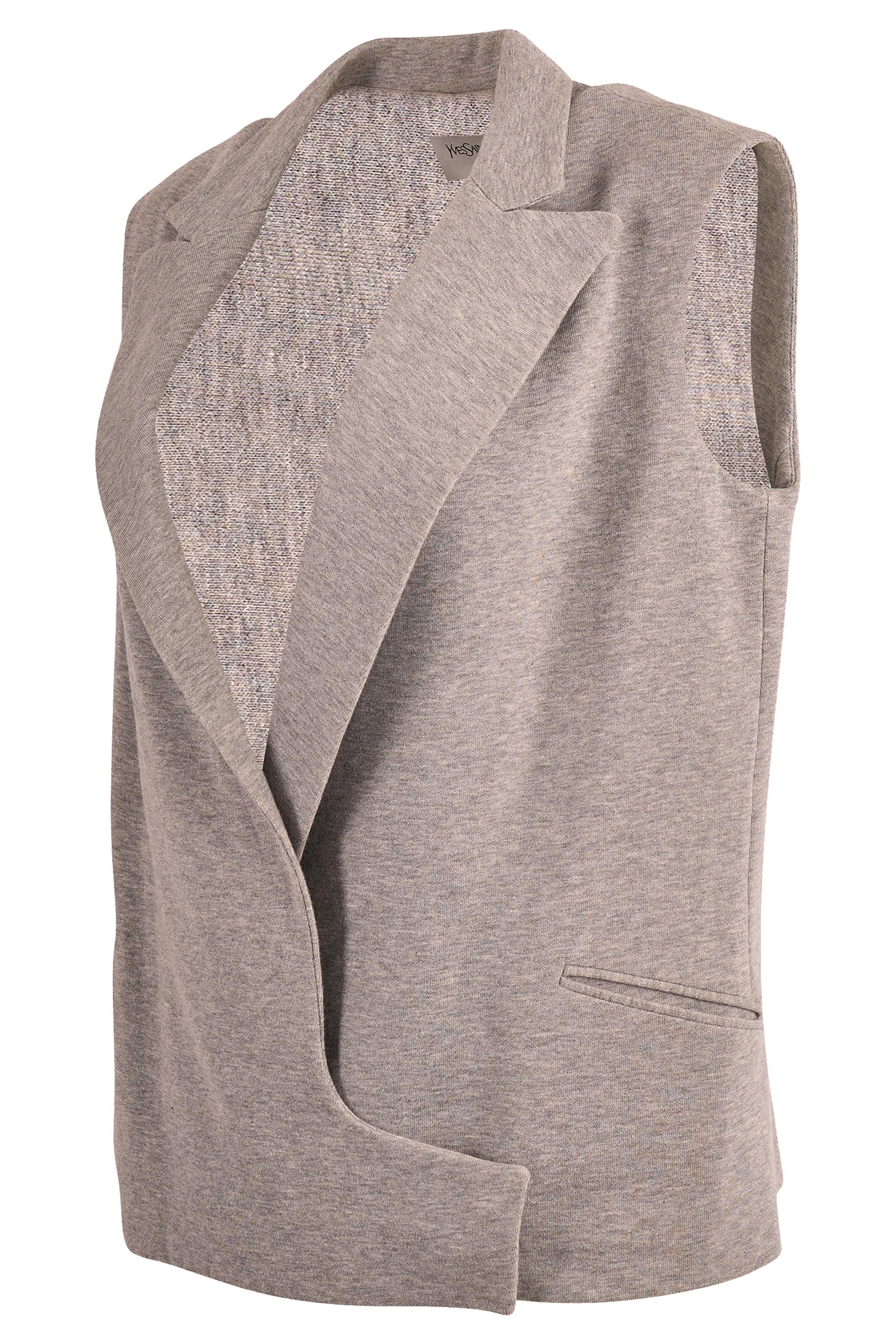 Gilet vintage in maglia grigia Yves Saint Laurent P/E 2008. Fabrice in cotone grigio chiaro, stile avvolgente, profonda scollatura a V, due mini tasche anteriori. Si chiude con quattro bottoni a pressione. In eccellenti condizioni vintage.