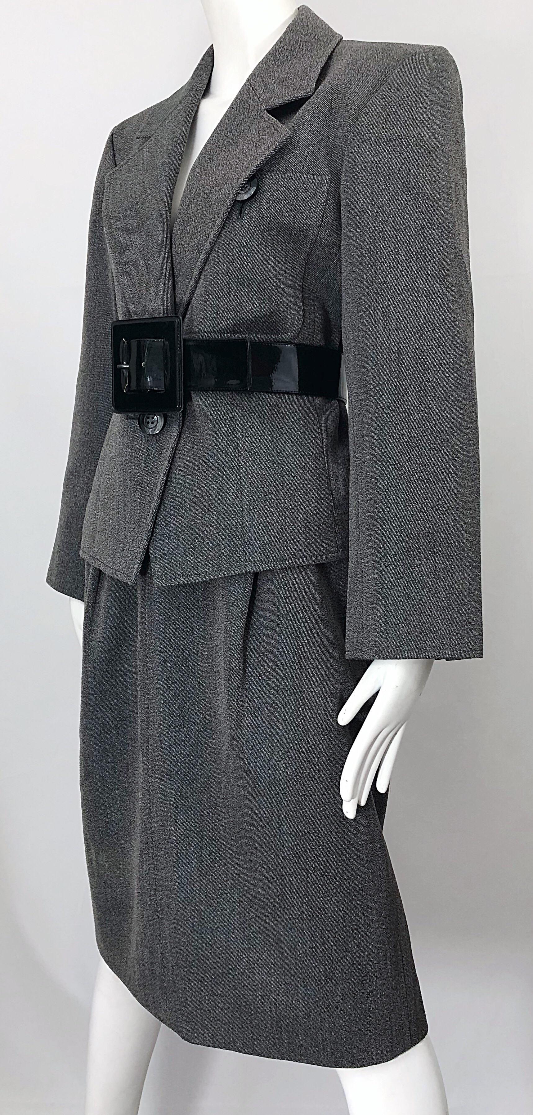 Vintage Yves Saint Laurent Size 12 / 14 Grey Wool Belted Skirt Suit YSL 1980s 46 For Sale 4
