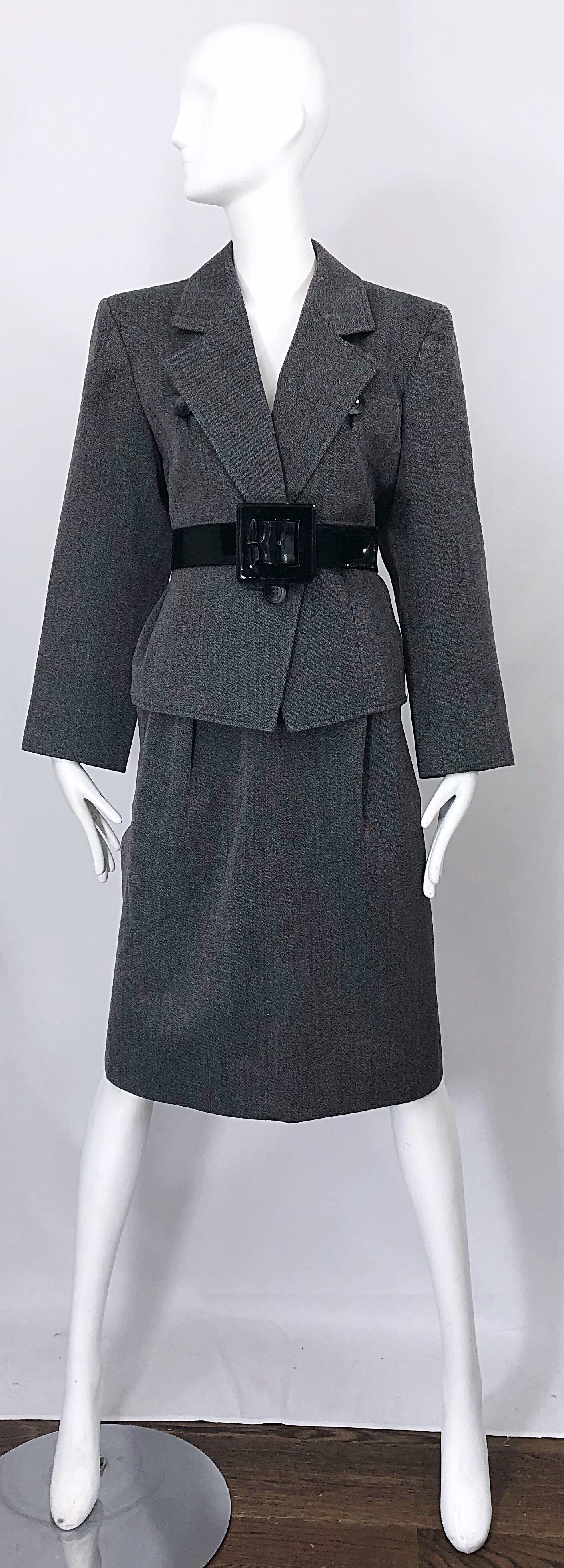 Vintage Yves Saint Laurent Size 12 / 14 Grey Wool Belted Skirt Suit YSL 1980s 46 For Sale 6