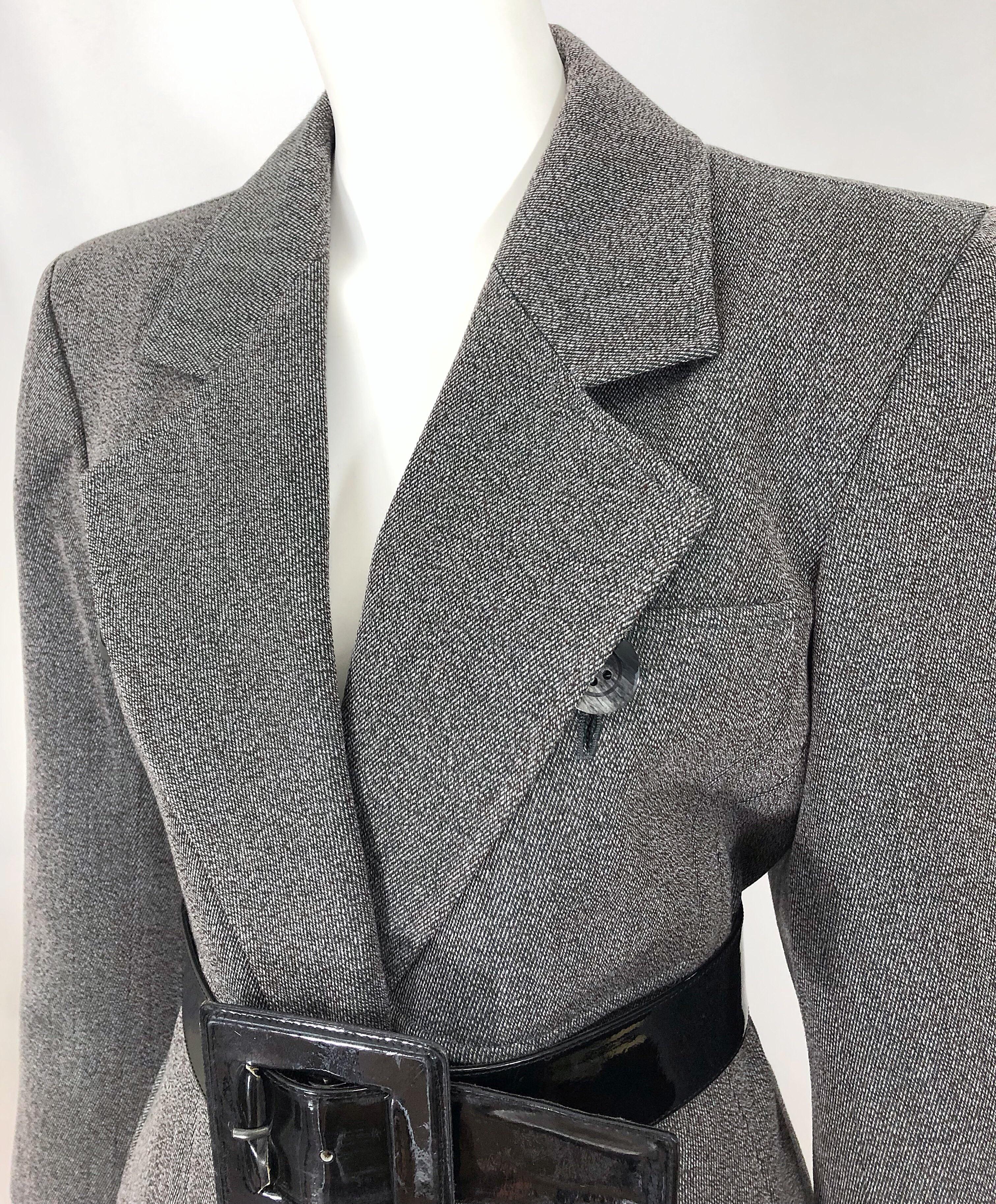 Gray Vintage Yves Saint Laurent Size 12 / 14 Grey Wool Belted Skirt Suit YSL 1980s 46 For Sale