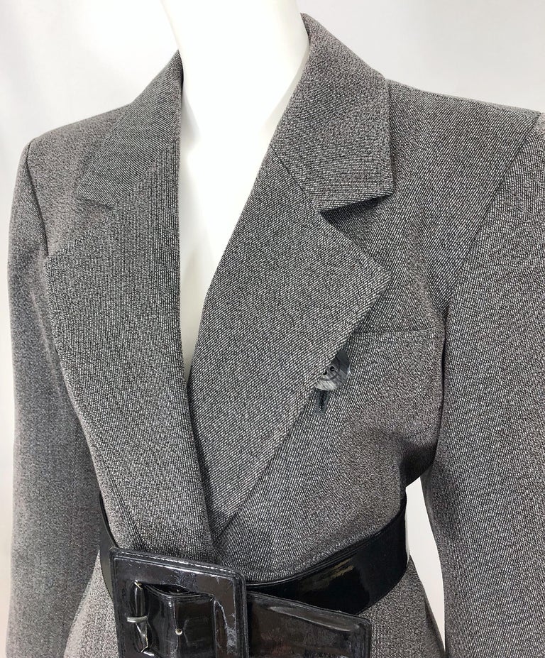 Vintage Yves Saint Laurent Size 12 / 14 Grey Wool Belted Skirt Suit YSL  1980s 46 For Sale at 1stDibs
