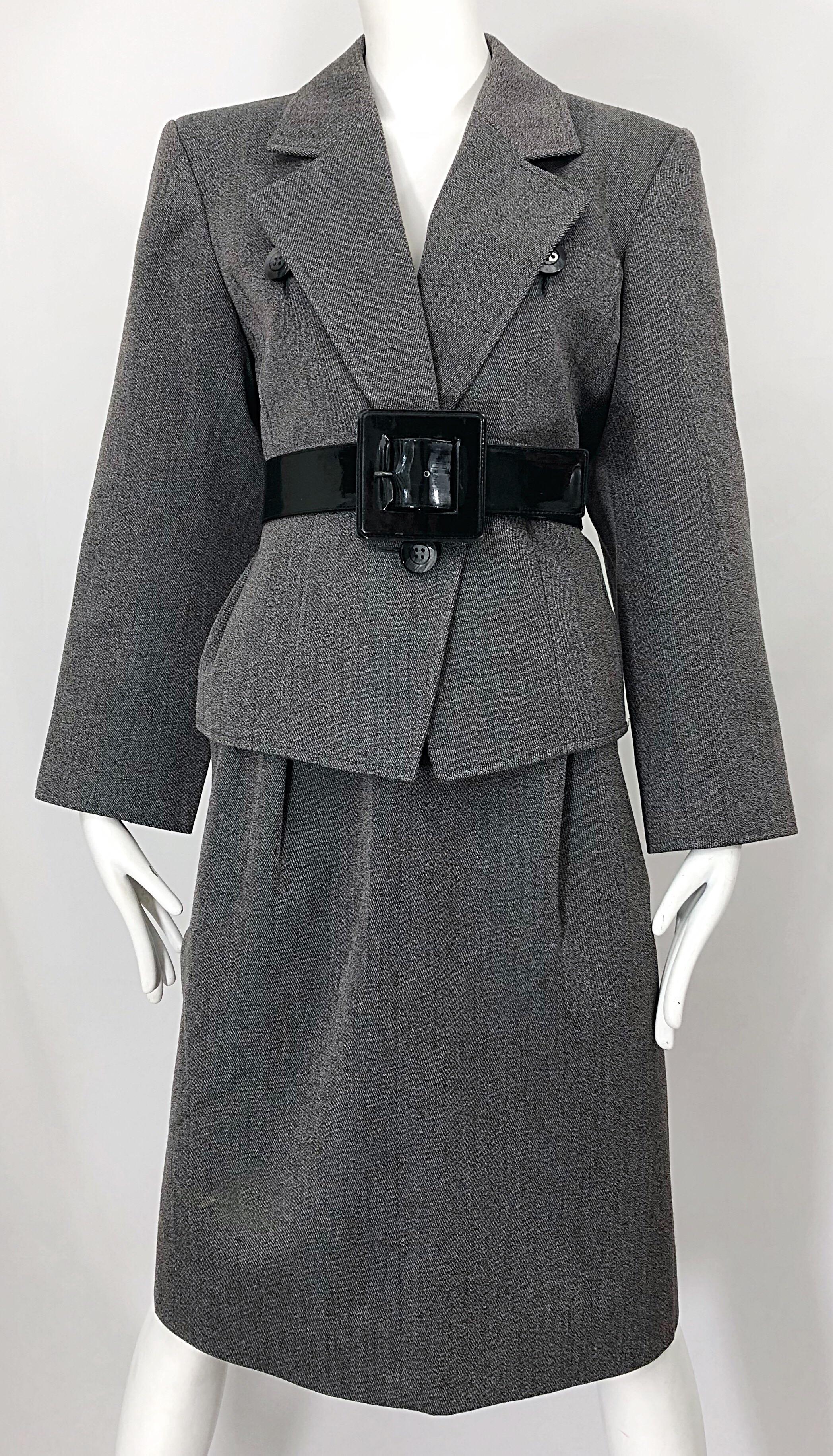 Vintage Yves Saint Laurent Size 12 / 14 Grey Wool Belted Skirt Suit YSL 1980s 46 In Good Condition For Sale In San Diego, CA