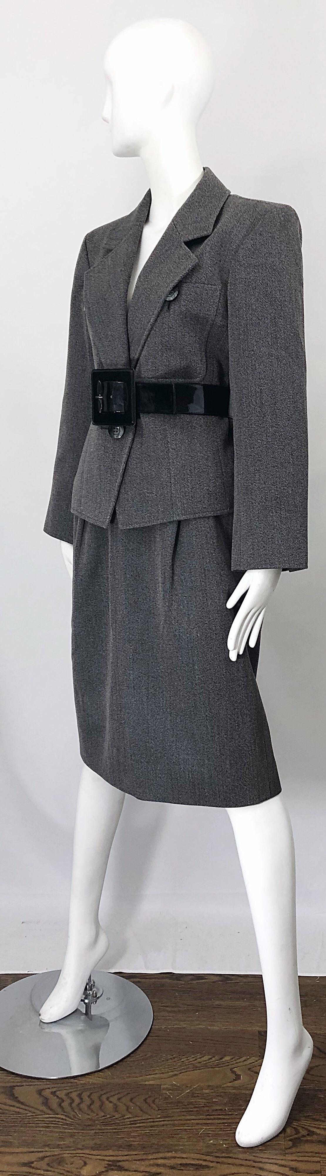 Women's Vintage Yves Saint Laurent Size 12 / 14 Grey Wool Belted Skirt Suit YSL 1980s 46 For Sale