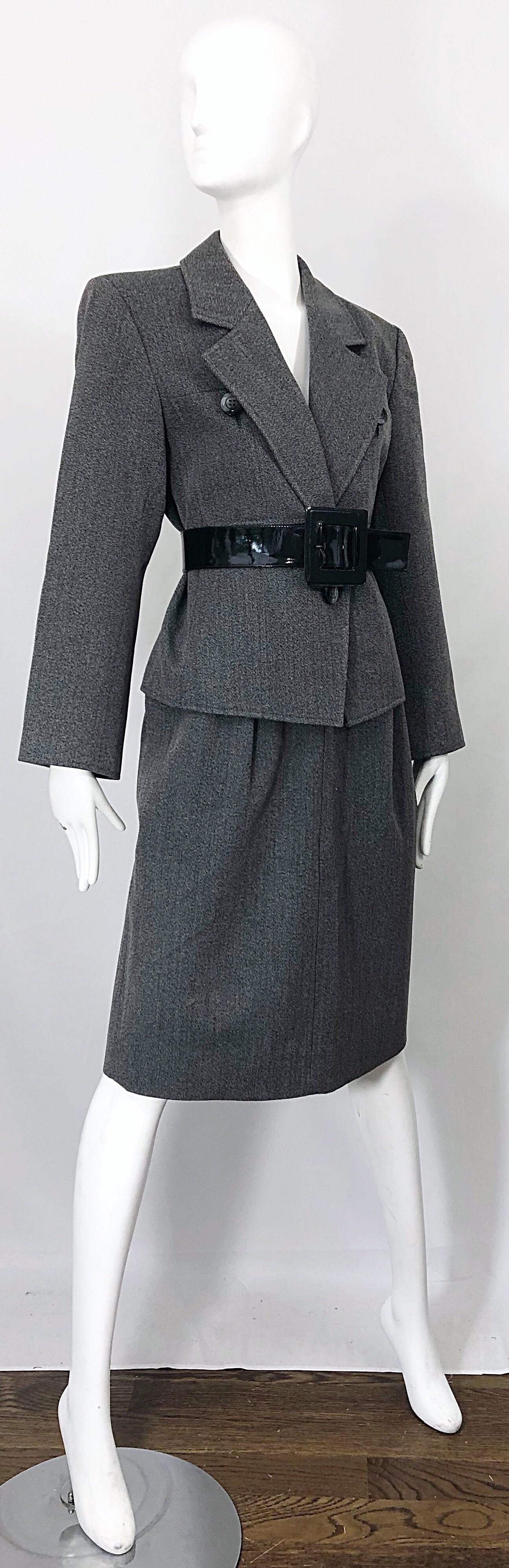 Vintage Yves Saint Laurent Size 12 / 14 Grey Wool Belted Skirt Suit YSL 1980s 46 For Sale 1