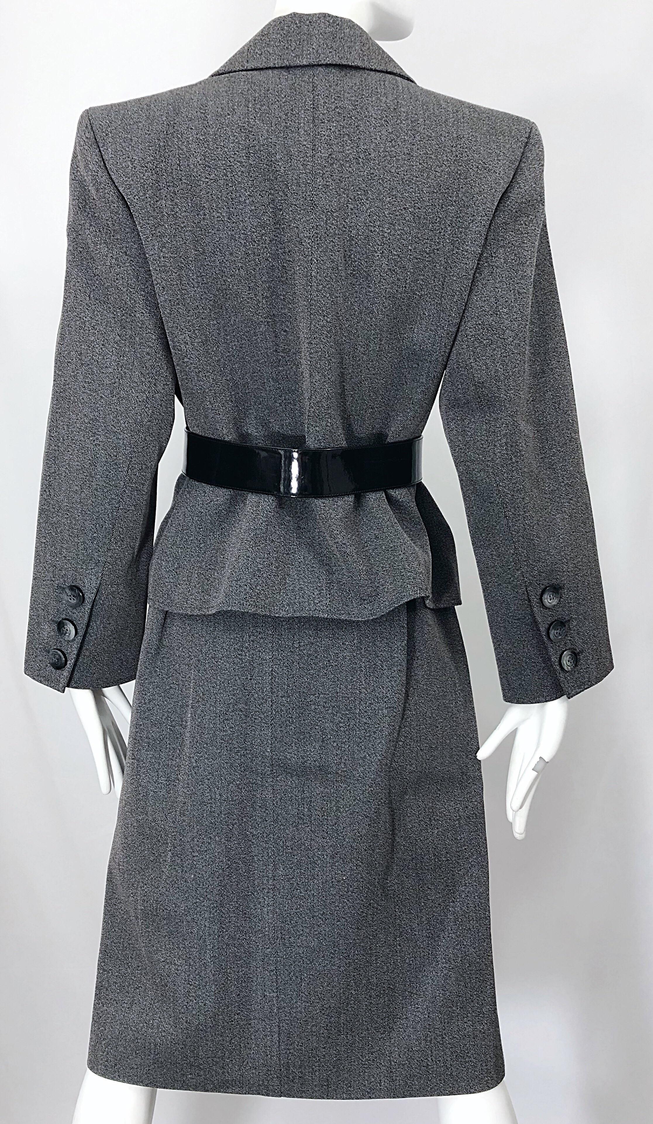Vintage Yves Saint Laurent Size 12 / 14 Grey Wool Belted Skirt Suit YSL 1980s 46 For Sale 2