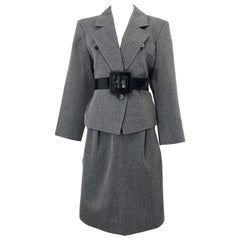 Vintage Yves Saint Laurent Size 12 / 14 Grey Wool Belted Skirt Suit YSL 1980s 46