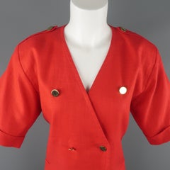 Vintage YVES SAINT LAURENT Size 14 Red Linen Double Breasted Dress