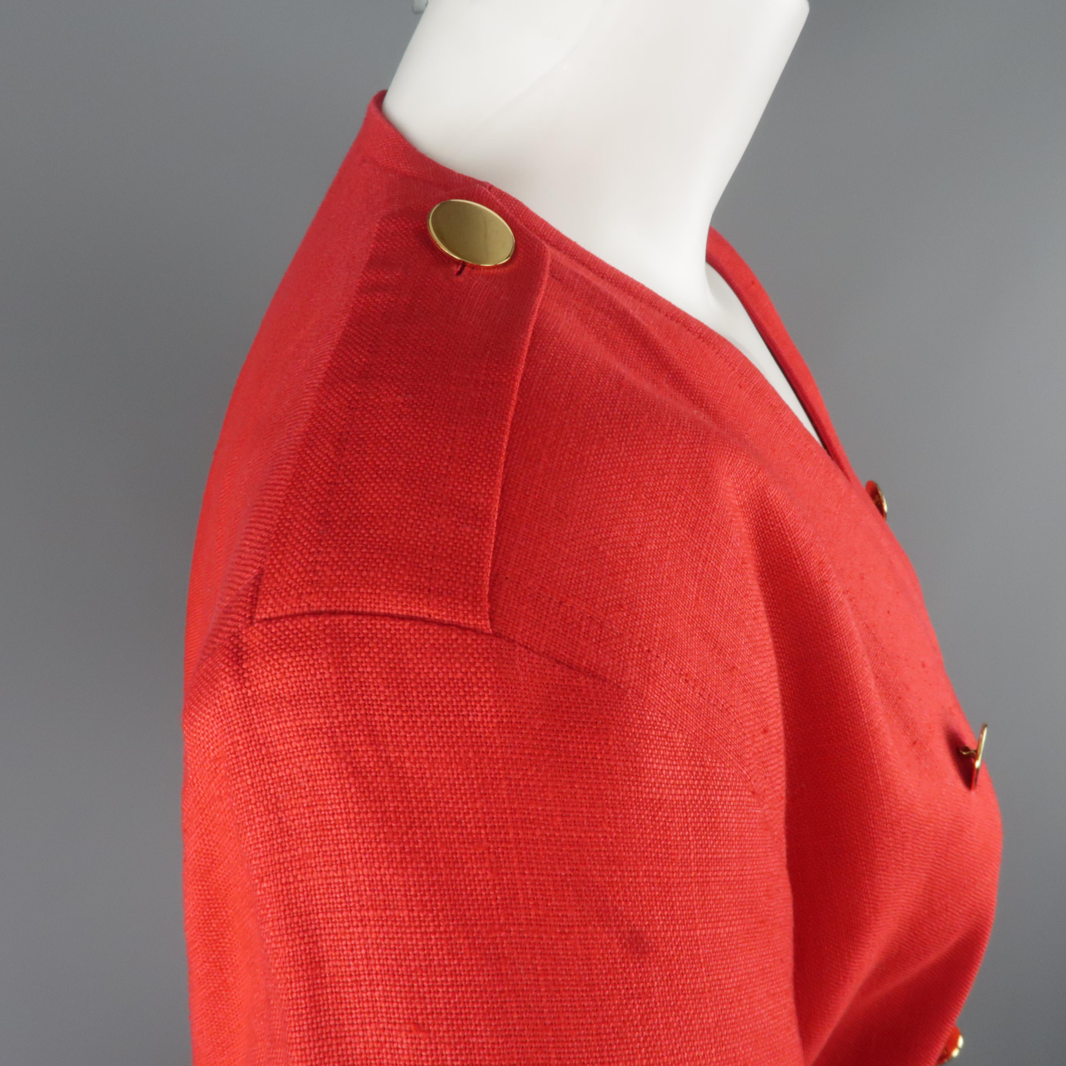 Women's Vintage YVES SAINT LAURENT Size 14 Red Linen Double Breasted Dress