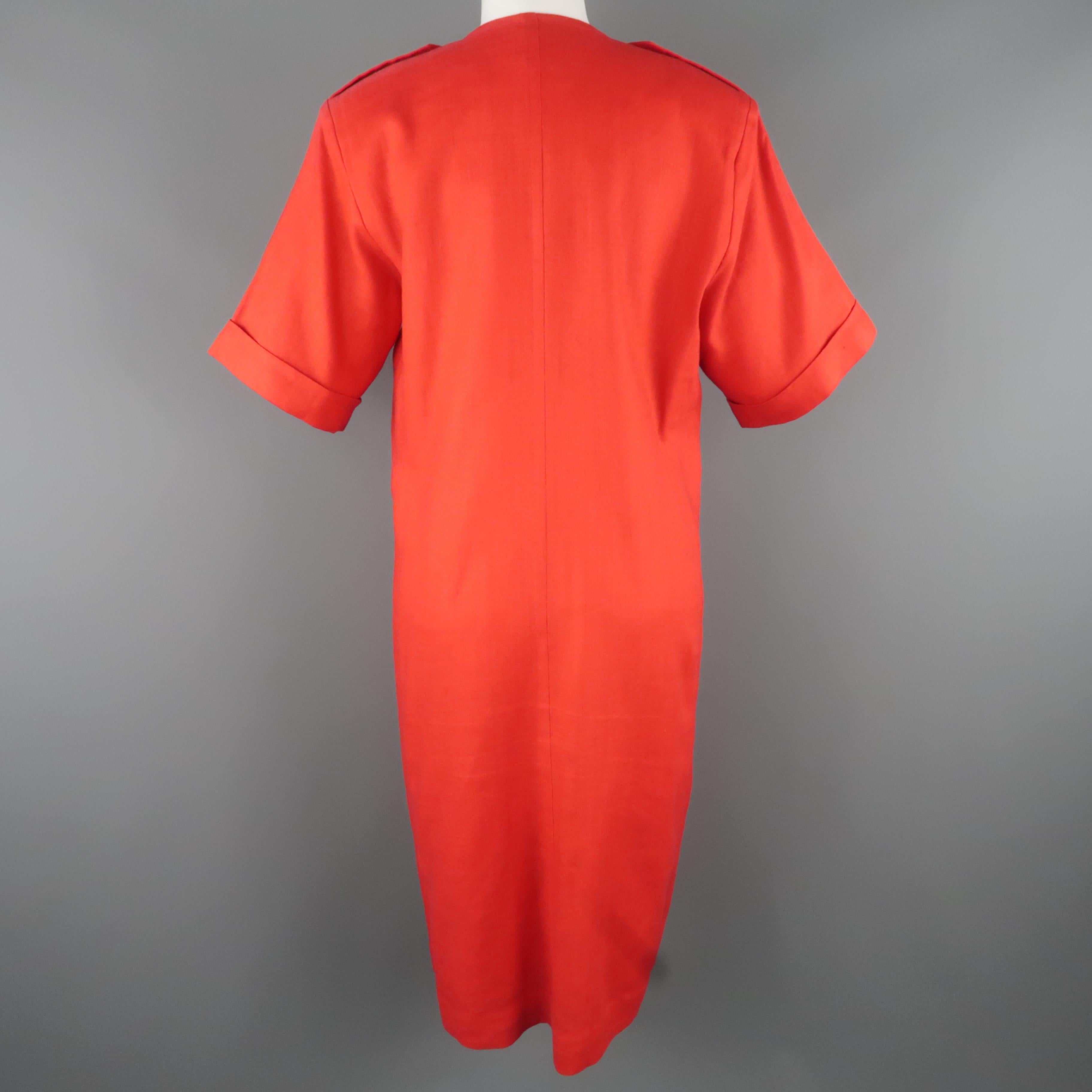 Vintage YVES SAINT LAURENT Size 14 Red Linen Double Breasted Dress 1