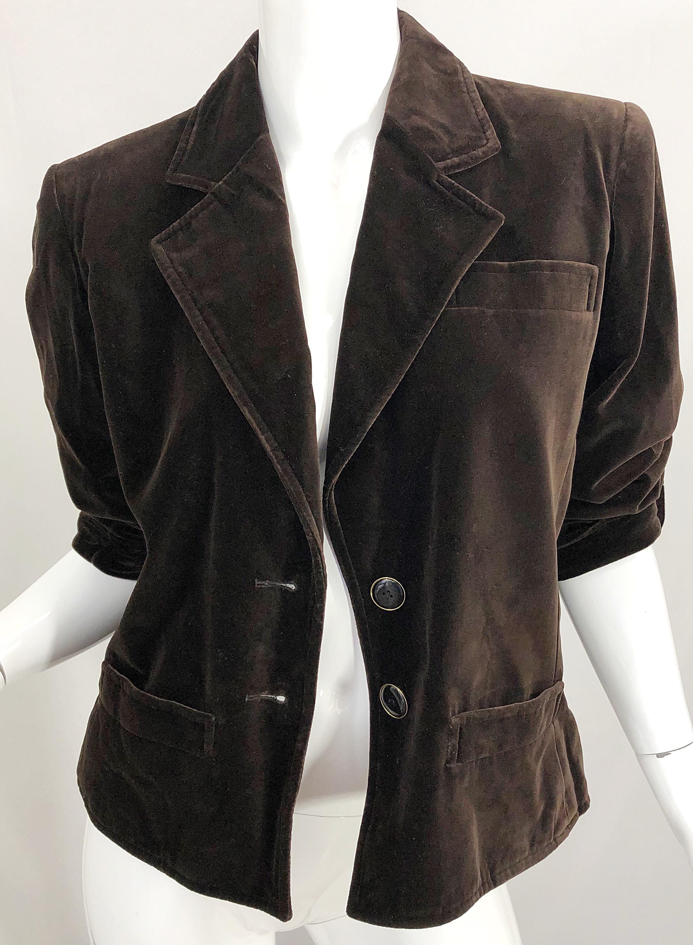 Black Vintage Yves Saint Laurent Size 40 / US 8 Chocolate Brown Velvet Cropped Jacket