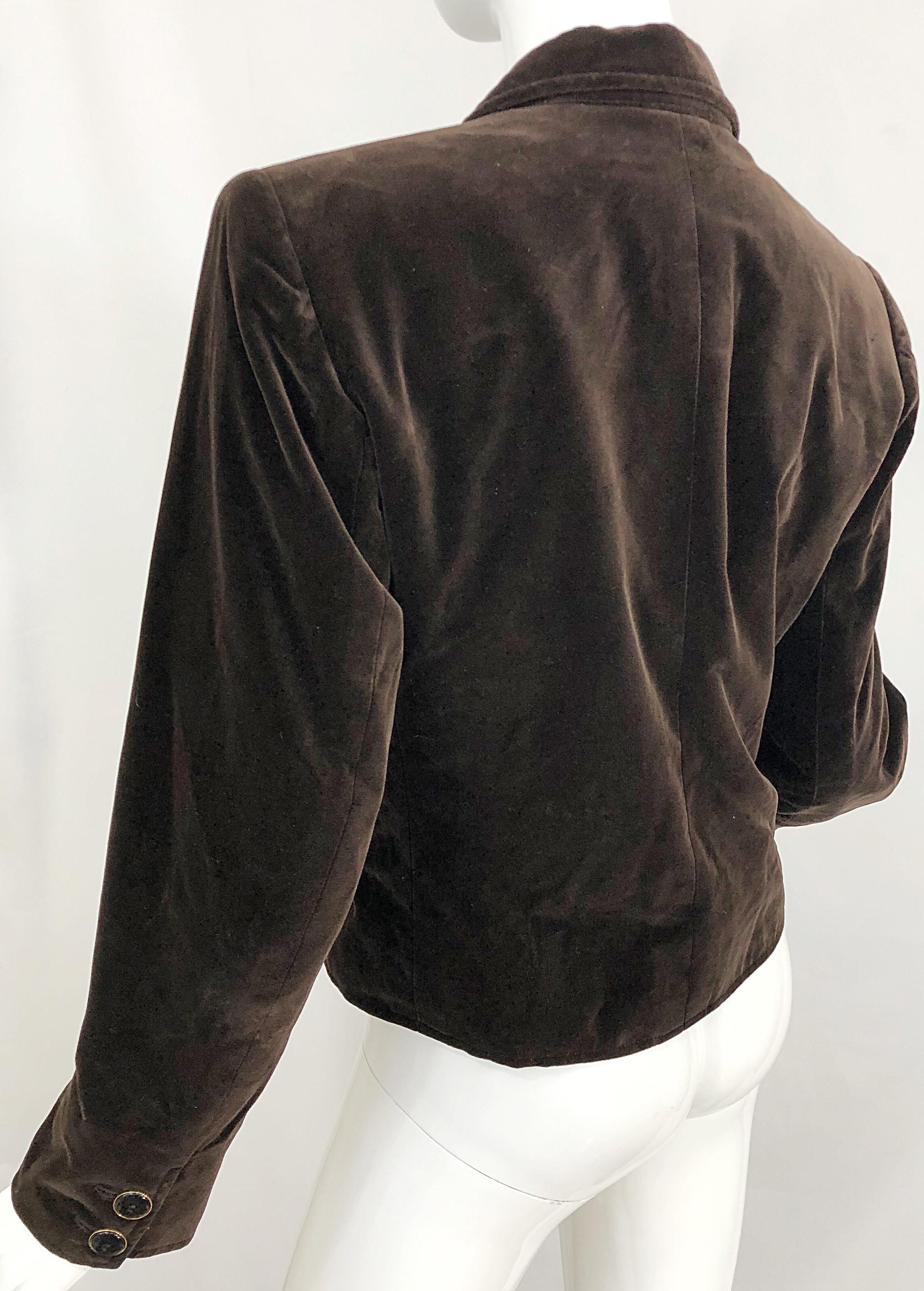 Vintage Yves Saint Laurent Size 40 / US 8 Chocolate Brown Velvet Cropped Jacket In Excellent Condition In San Diego, CA