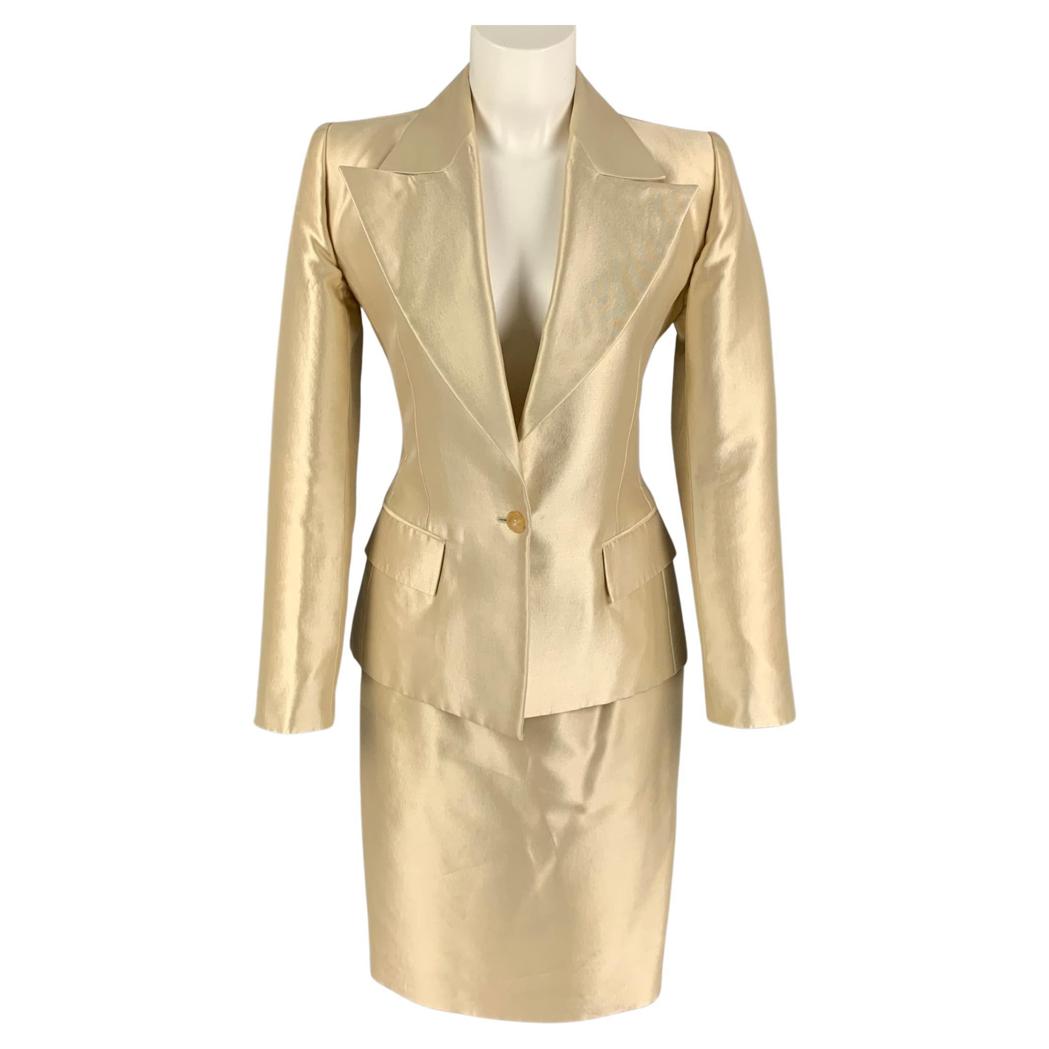 Vintage YVES SAINT LAURENT Size 6 Cream Wool Silk Peak Lapel Skirt Suit