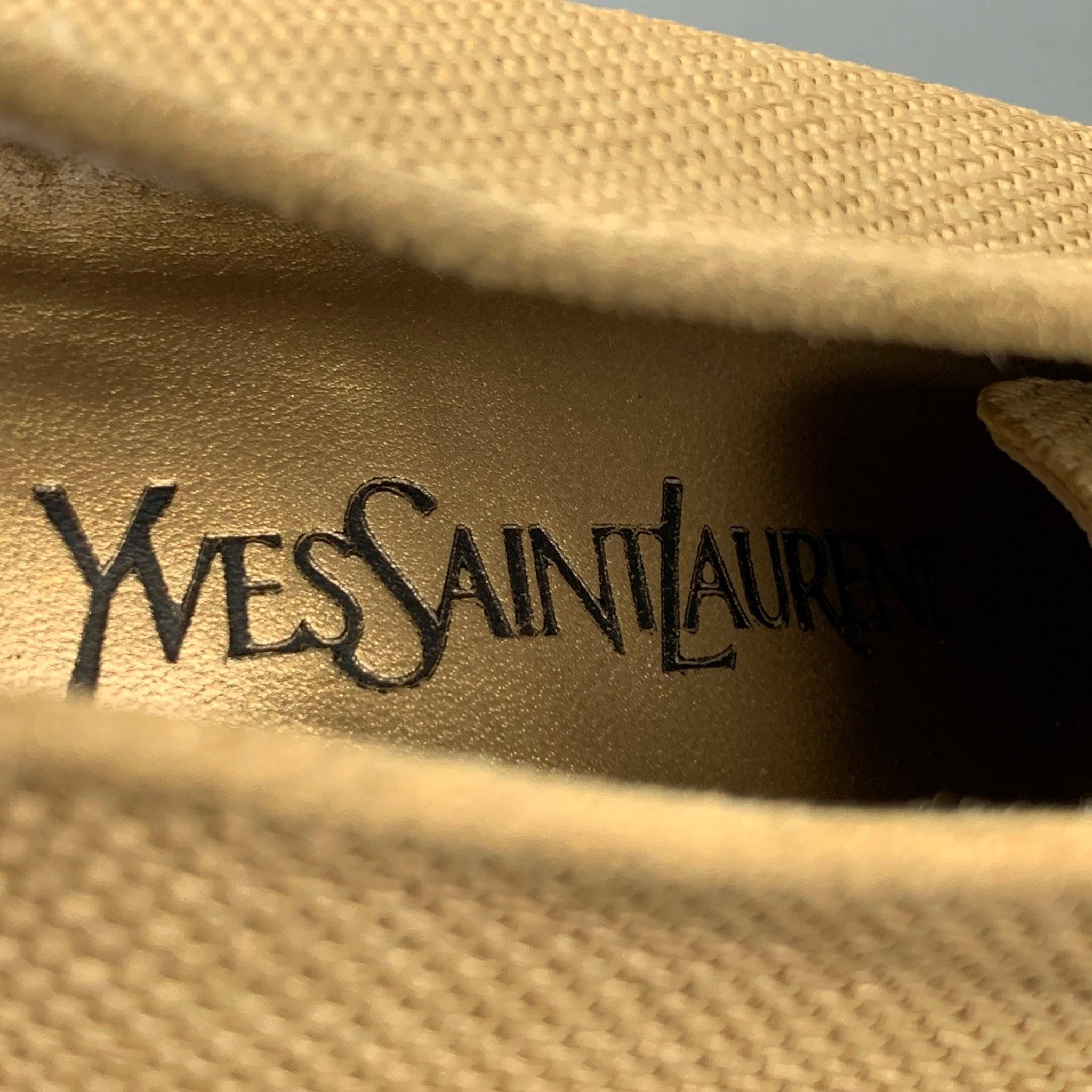 Vintage YVES SAINT LAURENT Size 7.5 Beige Fabric Woven Boots For Sale 2