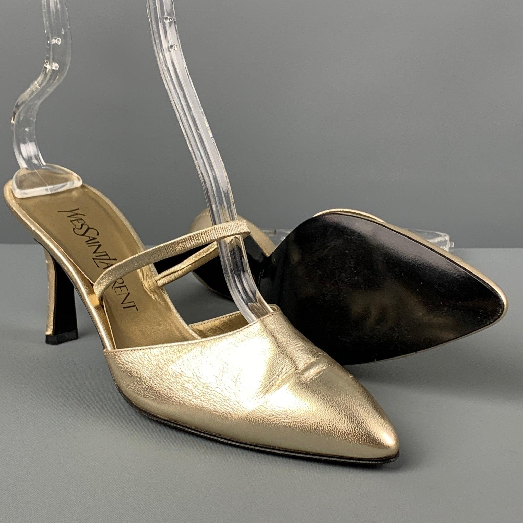 Vintage YVES SAINT LAURENT Size 7.5 Gold Leather Open back Sandals In Good Condition In San Francisco, CA