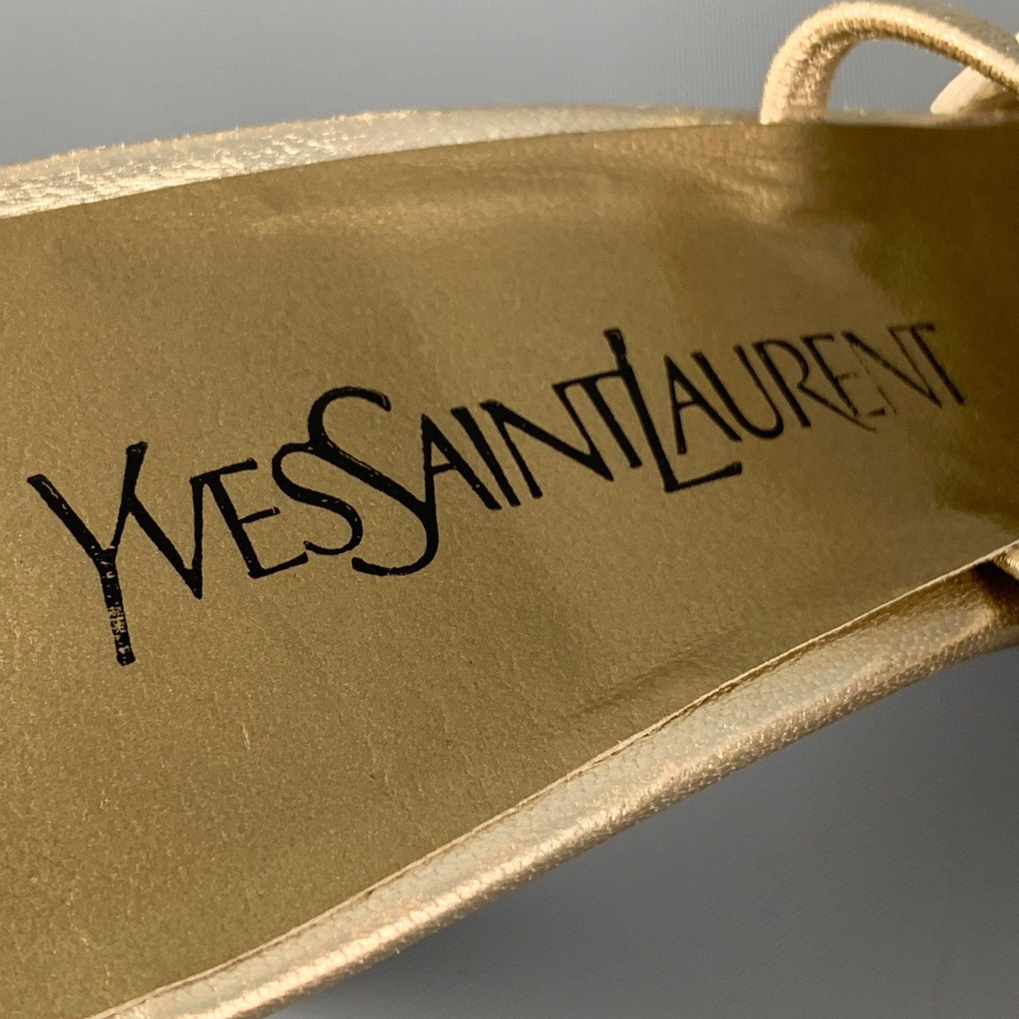 Vintage YVES SAINT LAURENT Size 7.5 Gold Leather Open back Sandals 2