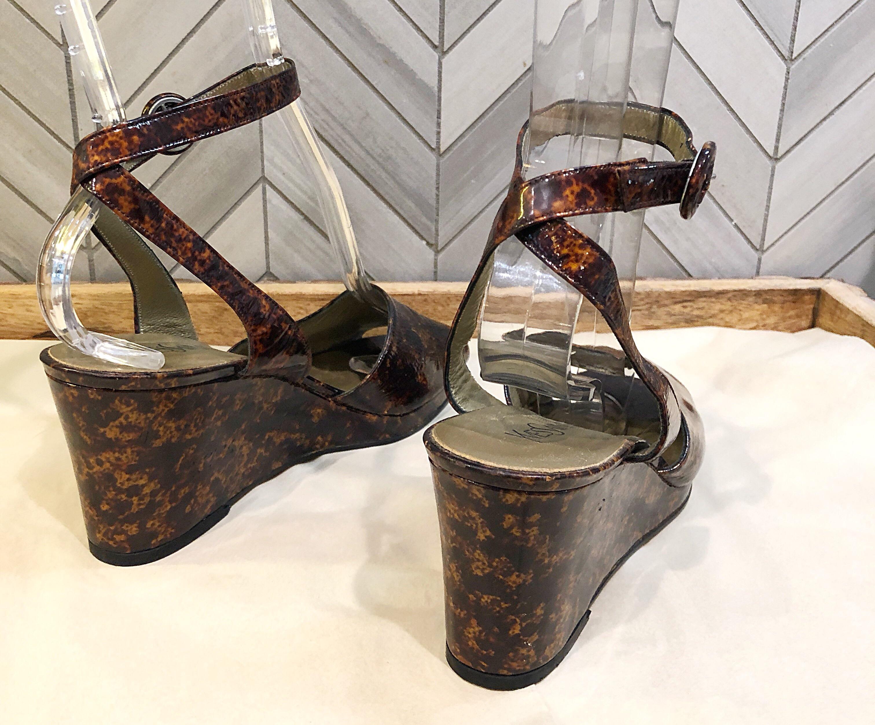 Vintage Yves Saint Laurent Size 7.5 Tortoise Brown + Black Patent Leather Wedges 4