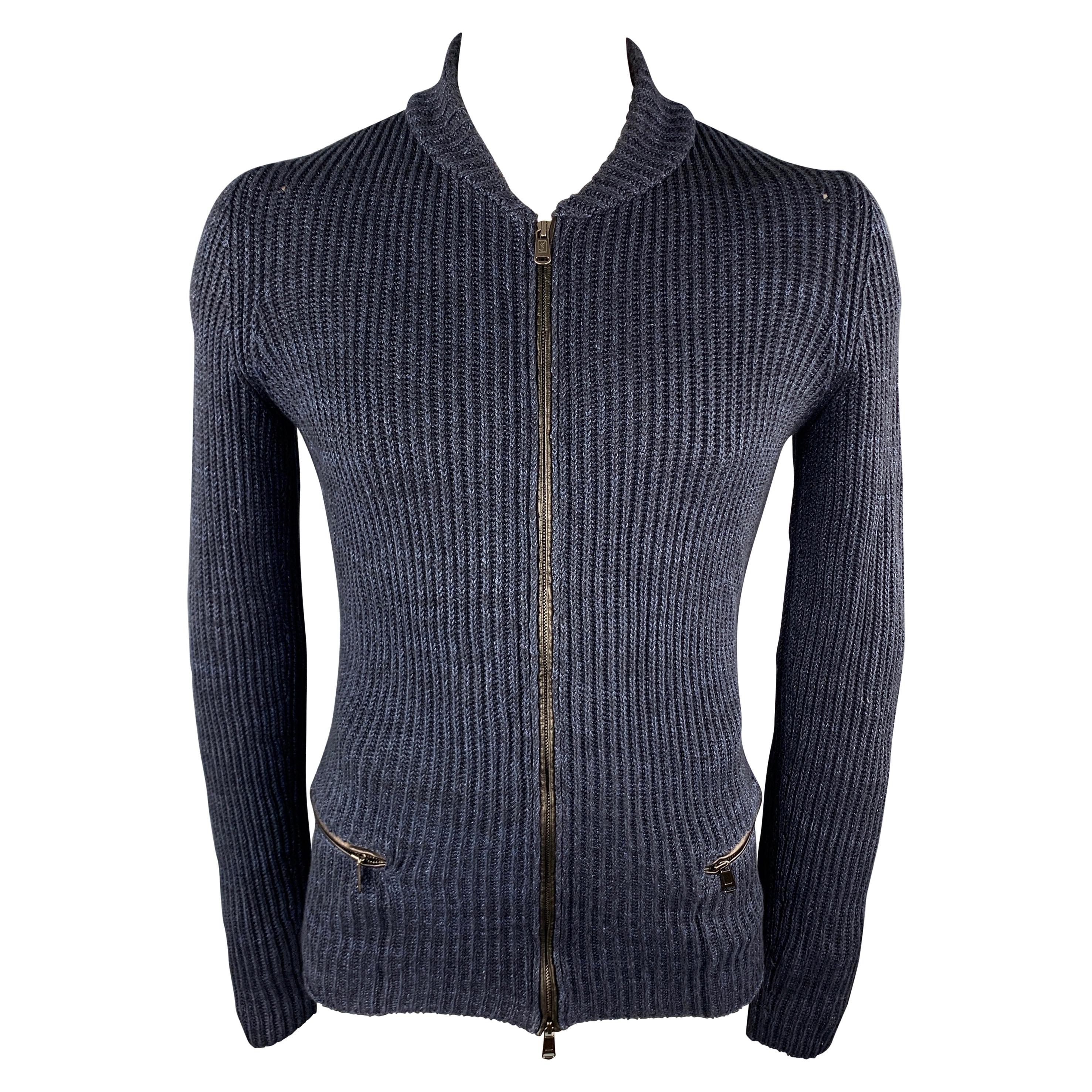 Vintage YVES SAINT LAURENT Size M Navy Knitted Linen Blend Zip Up Cardigan Sweat