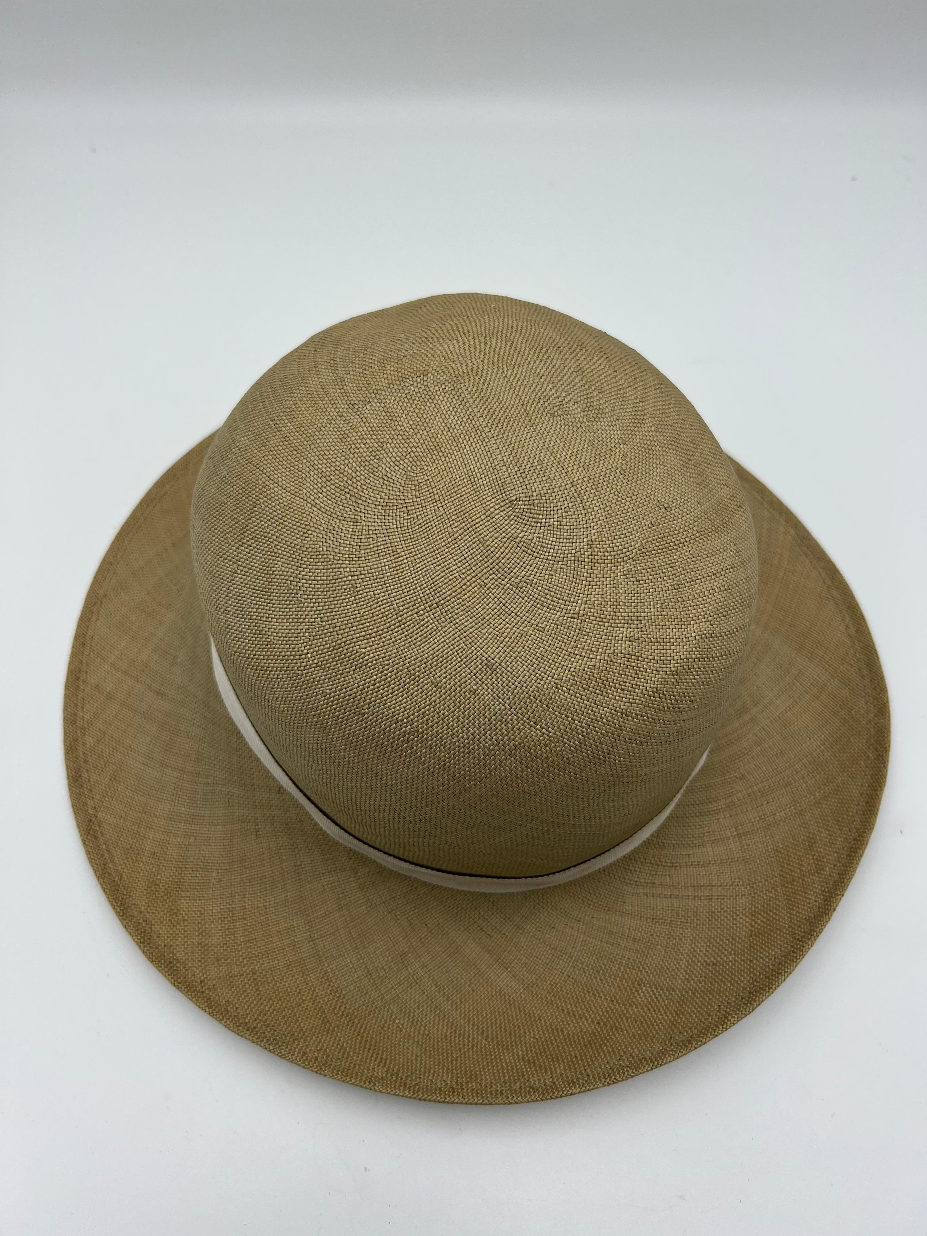 Product details:

Vintage hat designed by Yves Saint Laurent, featuring straw finish with lighter colored ribbon. Fits small size head. 

Measurements: the outer diameter is 11.5”, the inner diameter is 7.5”, inner circumference is 21” and the