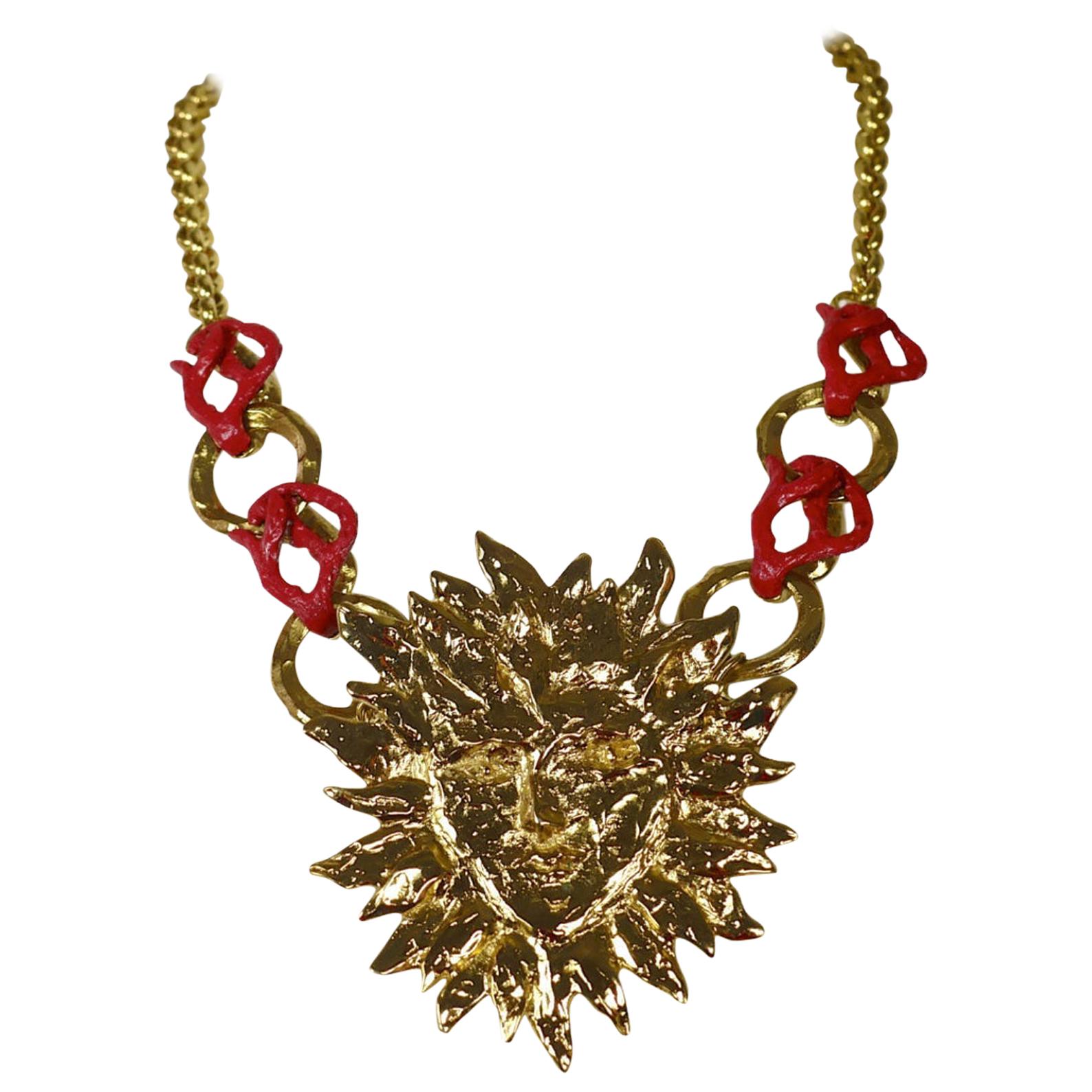 Vintage YVES SAINT LAURENT Sun Face Coral Necklace by Robert Goossens For Sale