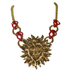 Vintage YVES SAINT LAURENT Sun Face Coral Necklace by Robert Goossens