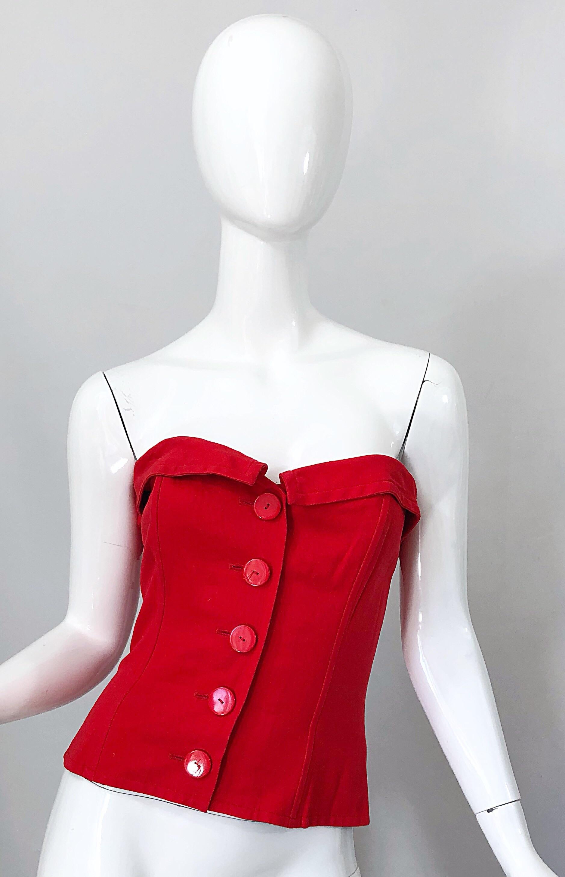Beautiful vintage late 80s YVES SAINT LAURENT YSL Lipstick Red Strapless Cotton Bustier Corset top! Features large red buttons up the front. Interior boning holds everything in place. Can easily be dressed up or down. Great with jeans, a mini skirt,