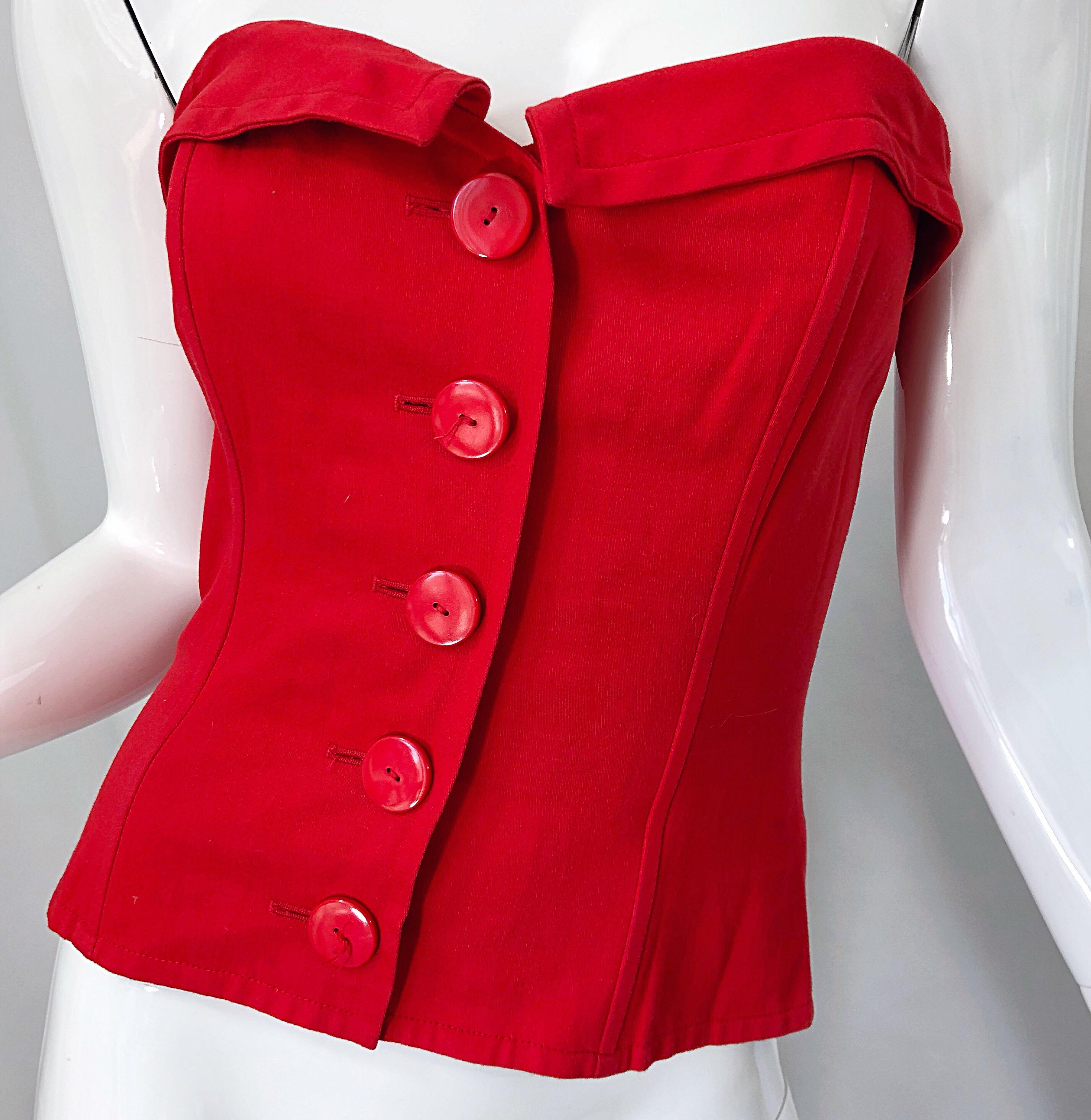 Vintage Yves Saint Laurent Sz 40 / 8 Lipstick Red Strapless Bustier Corset Top In Excellent Condition For Sale In San Diego, CA