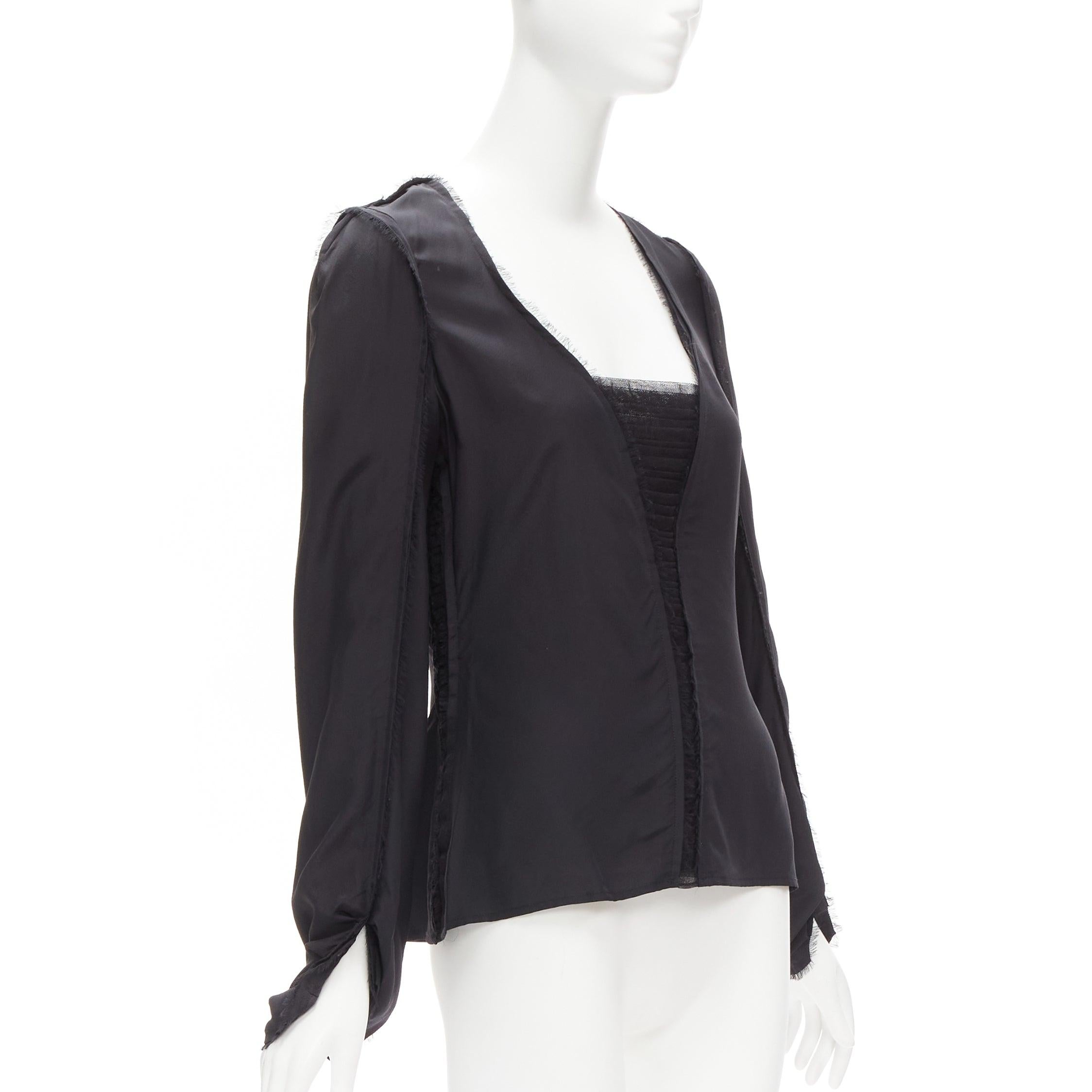 Black vintage YVES SAINT LAURENT TOM FORD black silk pleated mesh fringe trim top FR40