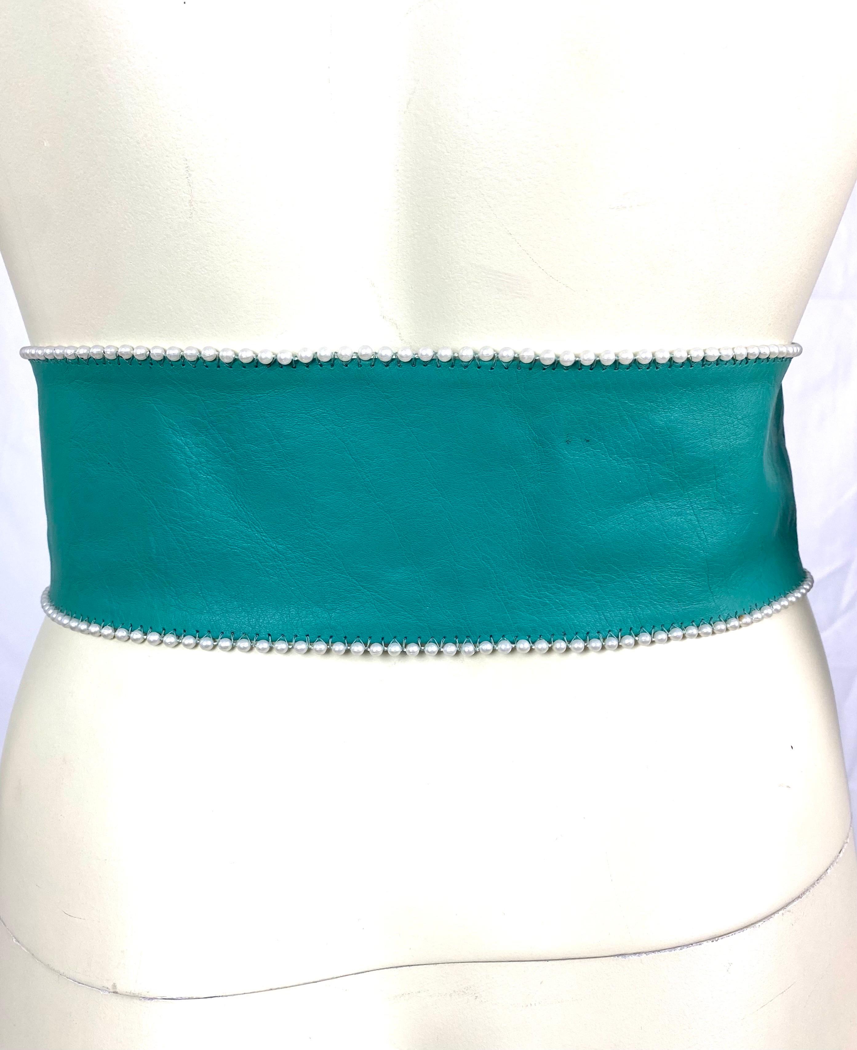 Women's Vintage Yves Saint Laurent turquoise leather belt with pearls and pearly buckle