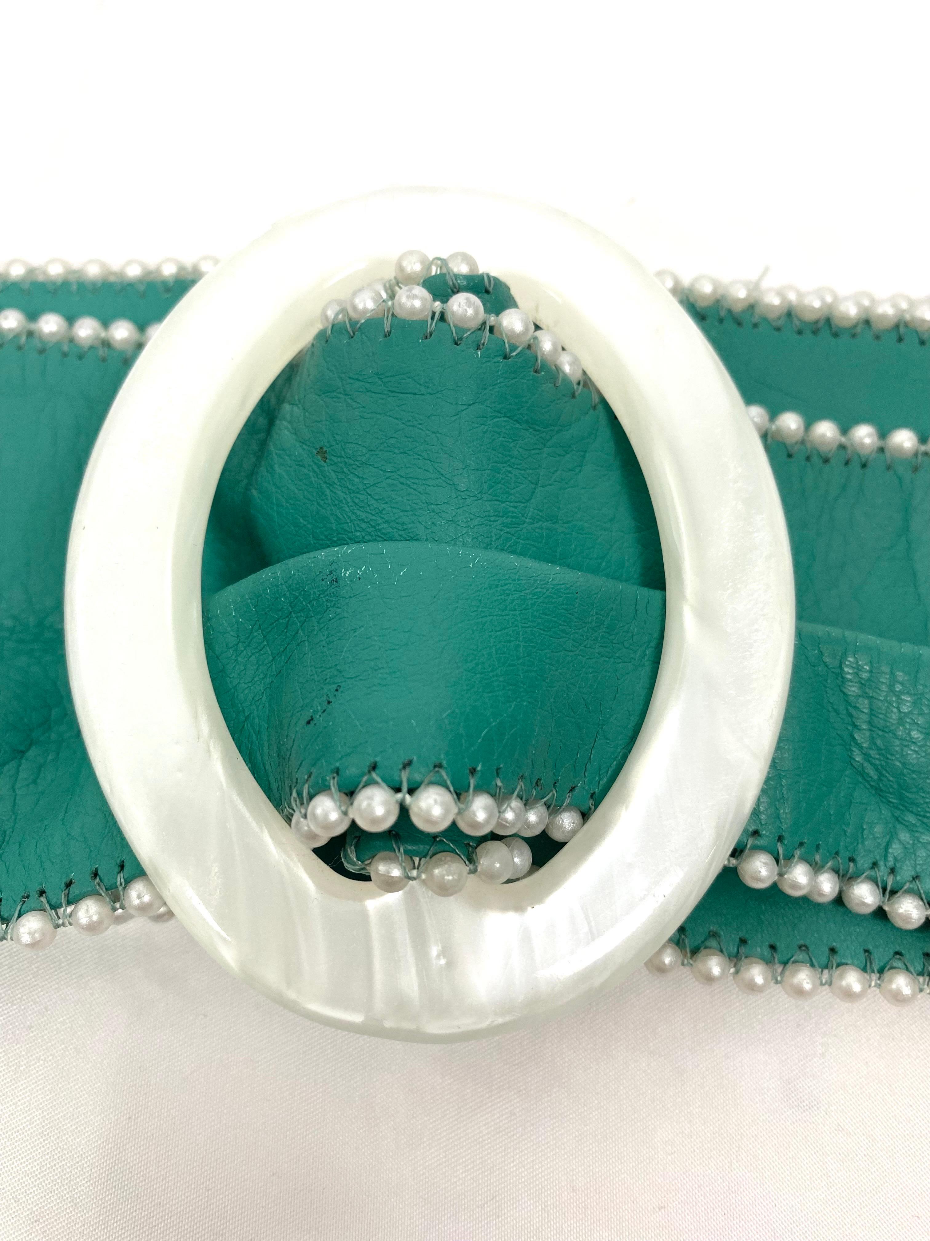 Vintage Yves Saint Laurent turquoise leather belt with pearls and pearly buckle 1