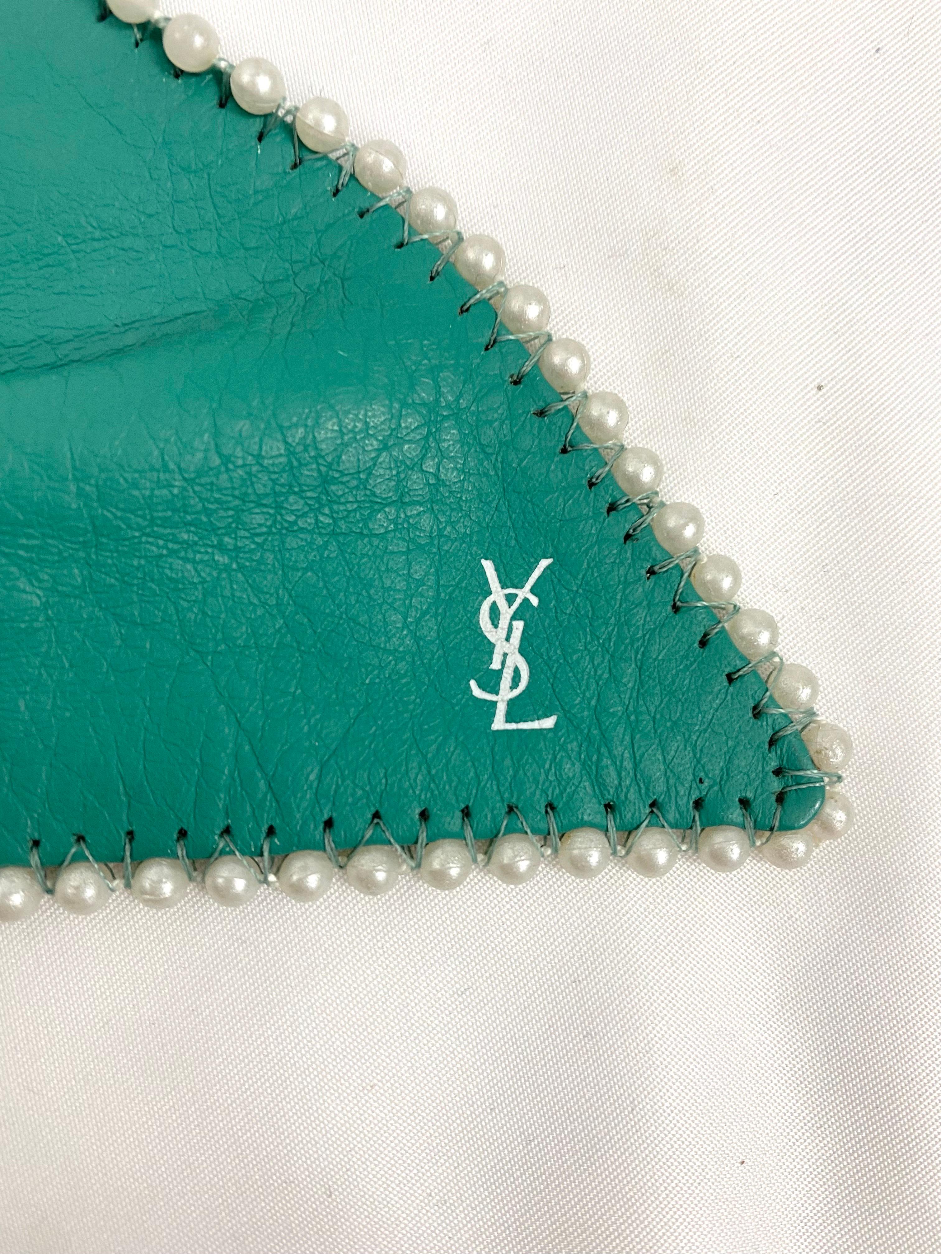 Vintage Yves Saint Laurent turquoise leather belt with pearls and pearly buckle 3