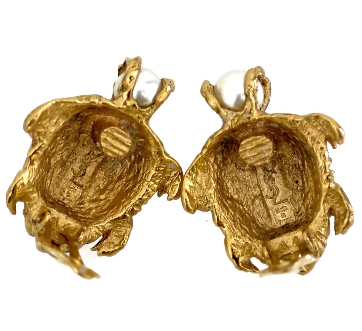 Vintage YVES SAINT LAURENT Turtle Pearl Earrings For Sale 2