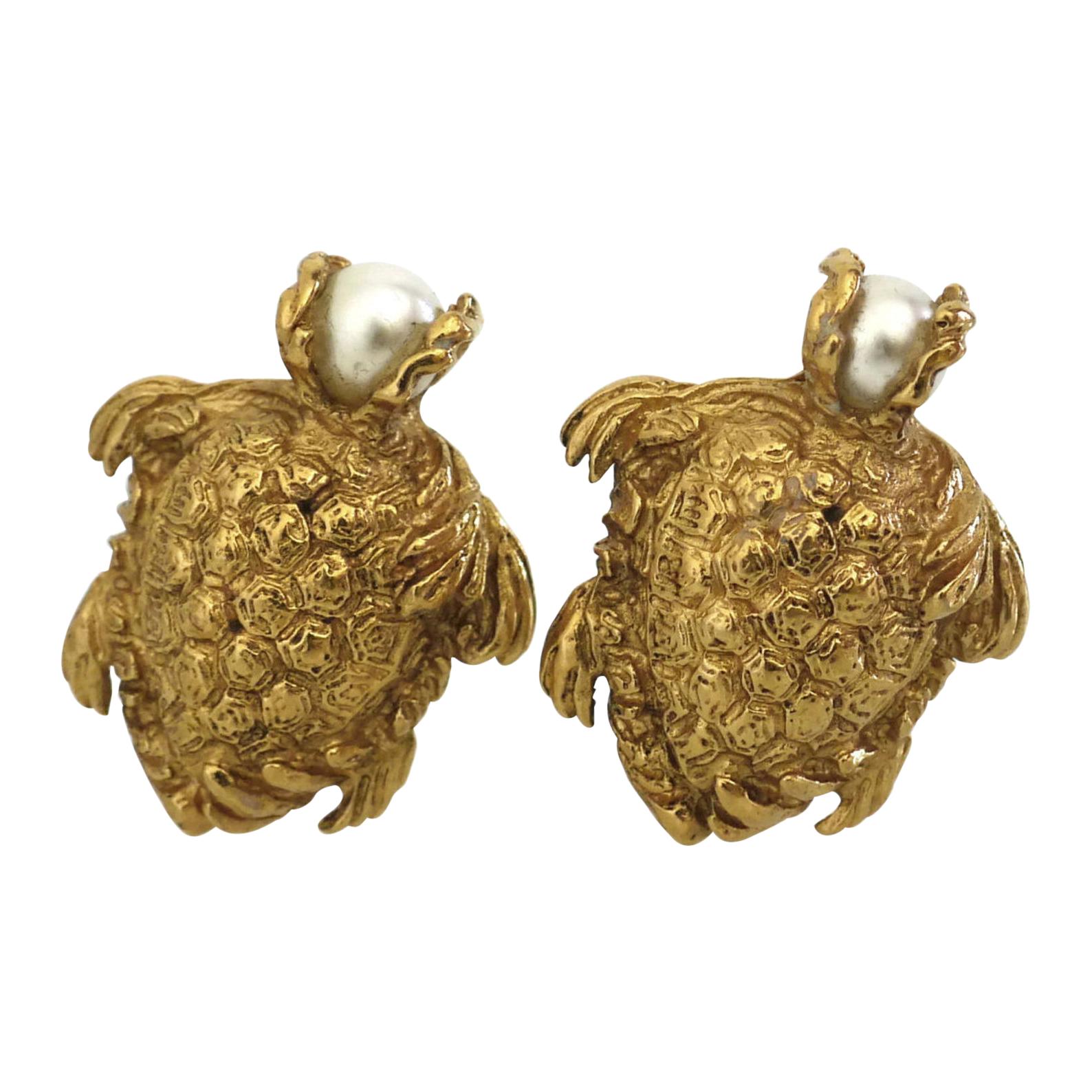 Vintage YVES SAINT LAURENT Turtle Pearl Earrings For Sale